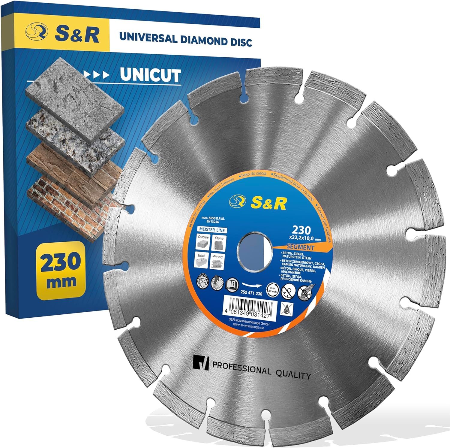 S&R Diamanttrennscheibe 230x22,2mm Professional, lasergeschweißt Universal, ‎Stahlkern, Diamantkorn, Nass- und Trockenschnitt