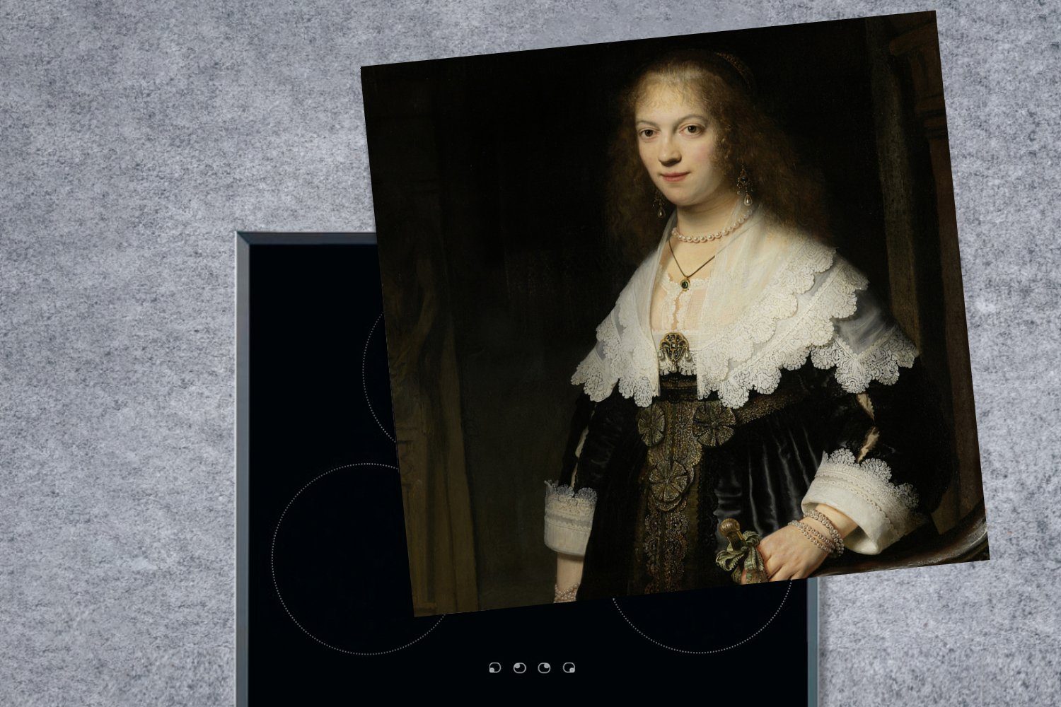 MuchoWow Herdblende-/Abdeckplatte Porträt einer Frau, Rembrandt, 78x78 Trip Vinyl, tlg), möglicherweise Gemälde küche Maria - cm, (1 Ceranfeldabdeckung, von Arbeitsplatte für