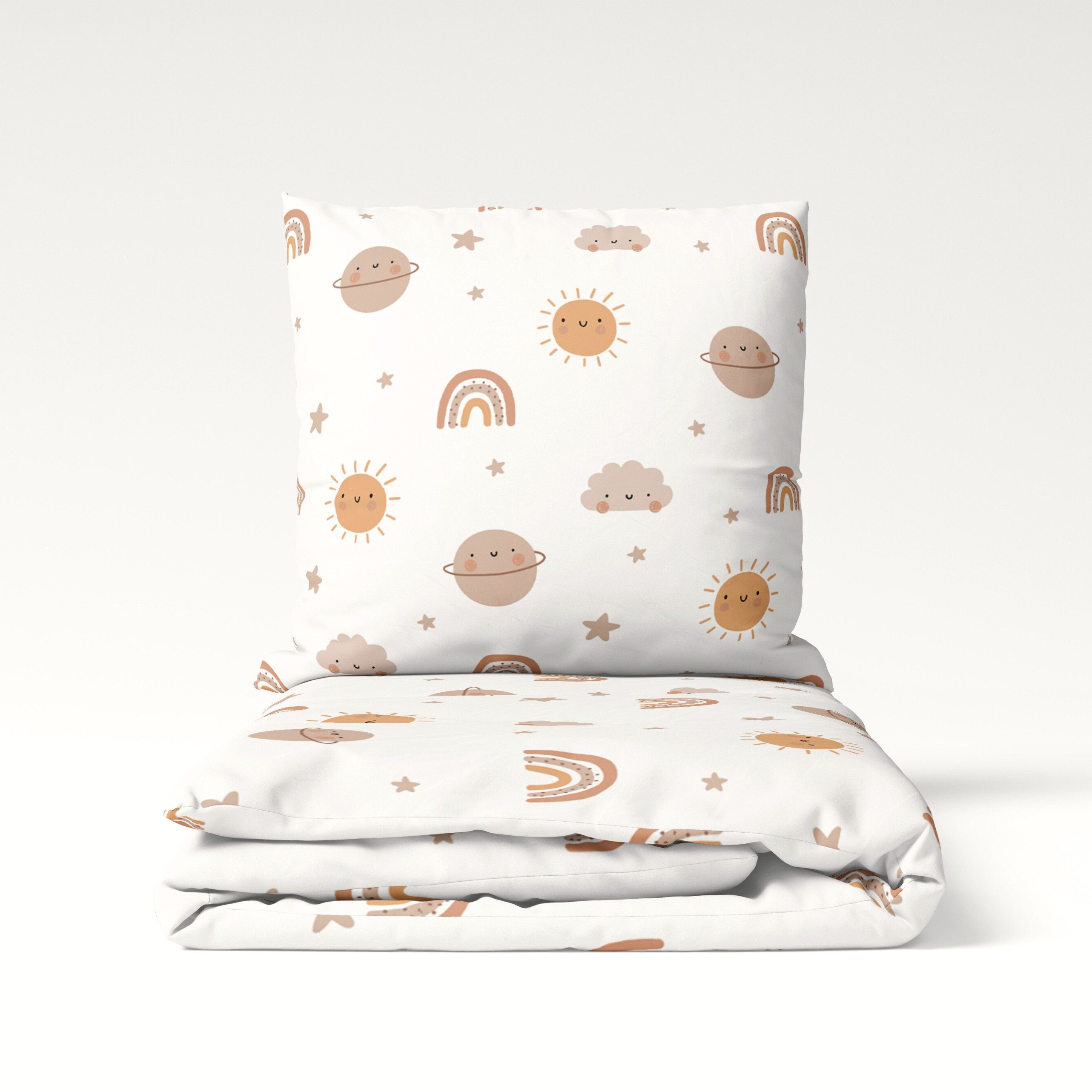 Kinderbettwäsche Boho Dreams 135x200 + 80x80 cm in Renforcé, Weiß/ Beige