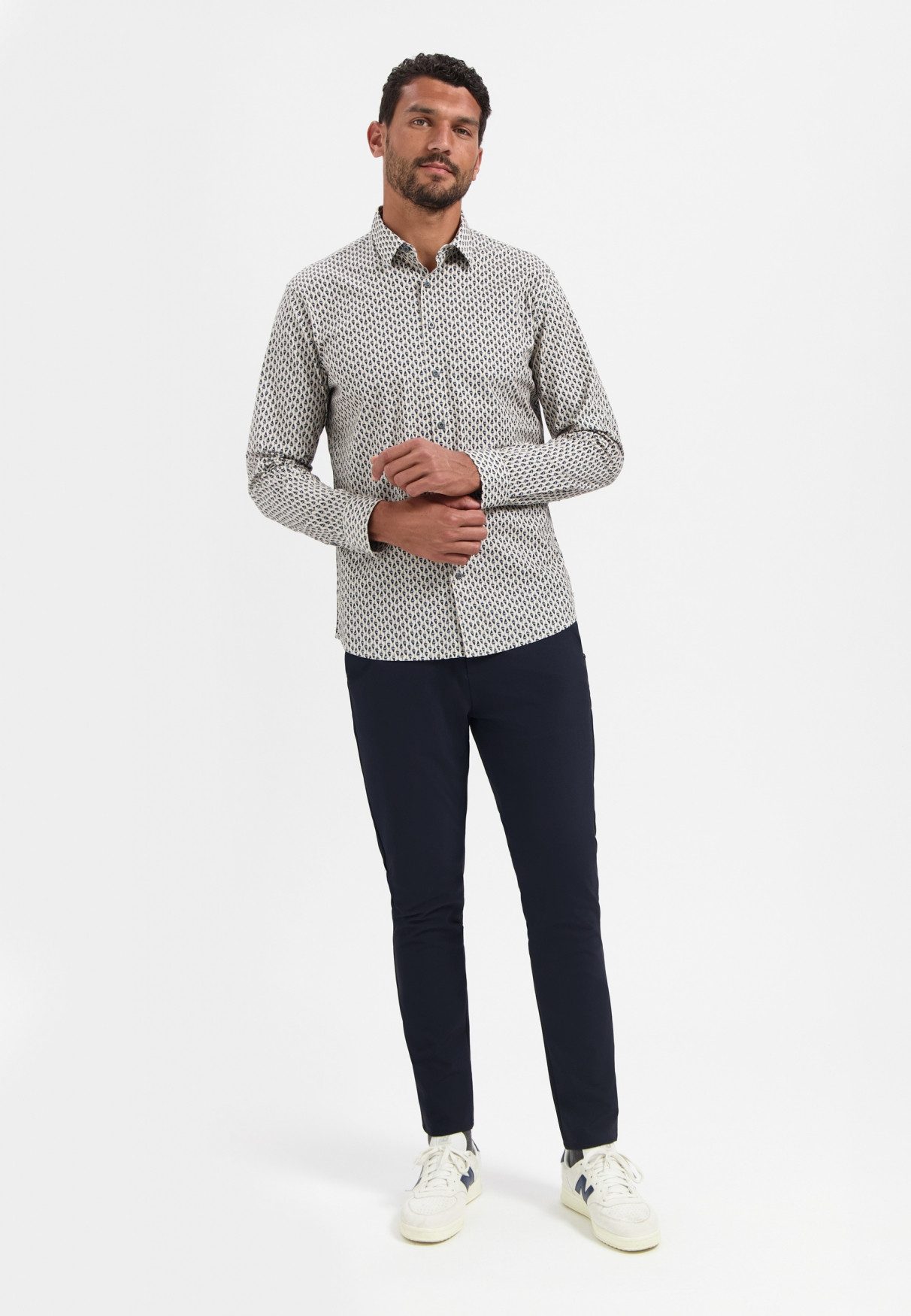 NO EXCESS Langarmhemd No Excess Stretchhemd mit Print Shirt Stretch Allover Printed