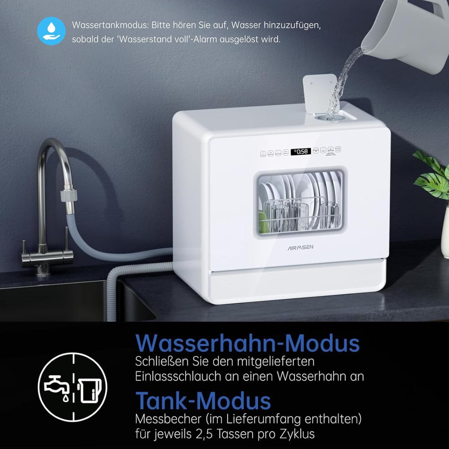 Airmsen Tischgeschirrspüler 7 Spülprogramme,Weichwasseranlage,Selbstreinigungsmodus,12H Timer ZMW-DTHA01, 5 l, 5 Maßgedecke, 5L tank,Ideal für Hausküchen, Wohnungen, Schlafsäle und Wohnmobile