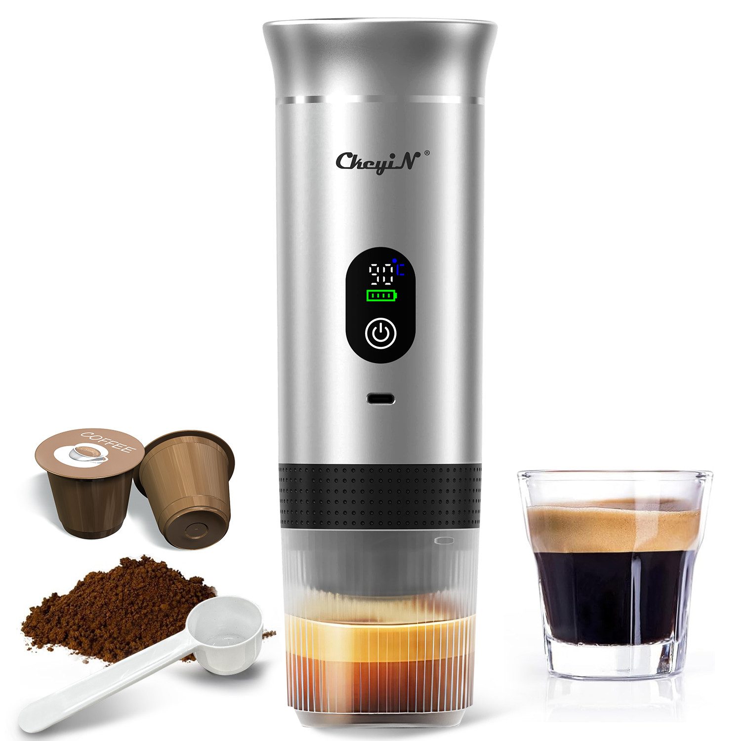 CkeyiN Reisekaffeemaschine Espressomaschine Tragbar für Kapseln/Pulver/Tee, 0.08l Kaffeekanne, Kabellose Outdoor-Espressomaschine