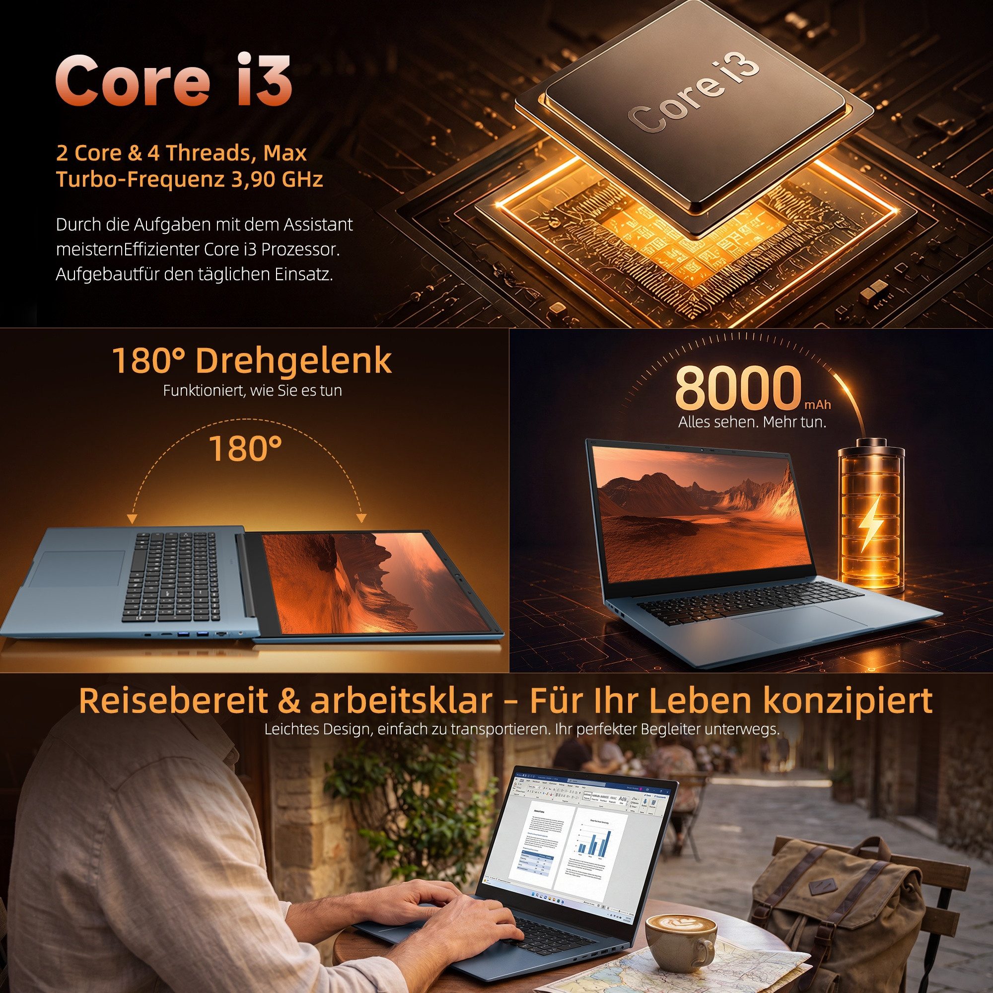 MENGHU 18,5 Zoll FHD Laptop DE-Tastaturlayout, lebenslang kostenloses Office Notebook (Intel® Core™ i3‑10100Y, Intel® UHD Graphics 615, 16 GB, 256 GB SSD)
