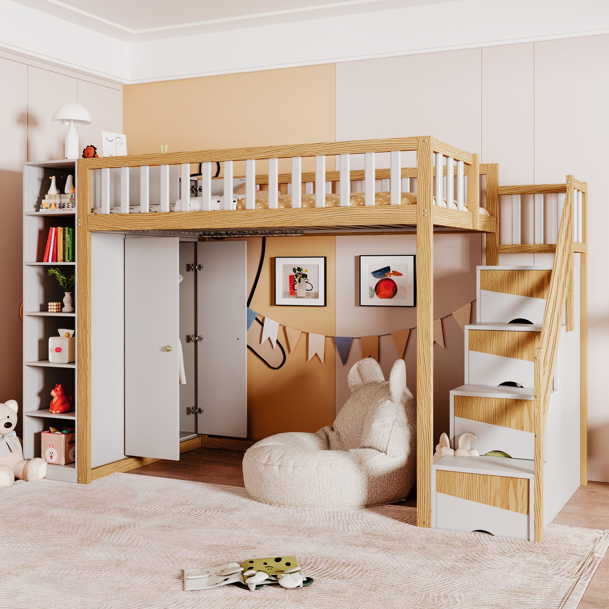 Flieks Hochbett Kinderbett 90x200cm mit Stauschrank günstig online kaufen