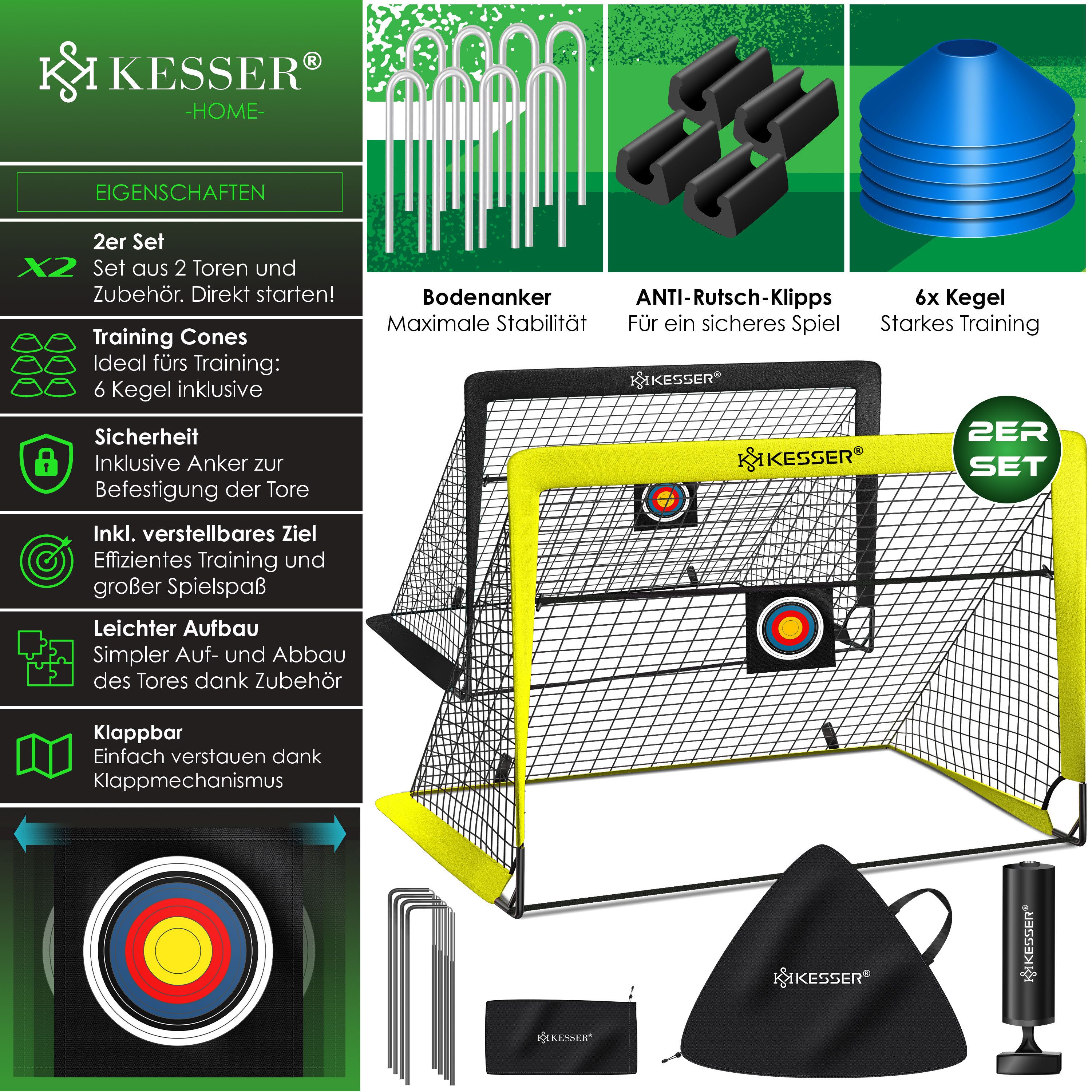 KESSER Fußballtor Set mit Tragetasche, Heringen, Zielscheibe, Hütchen & Pumpe, Pop-Up Tor mit Anti-Rutschfüßen – ideal für Training & Freizeitspiele