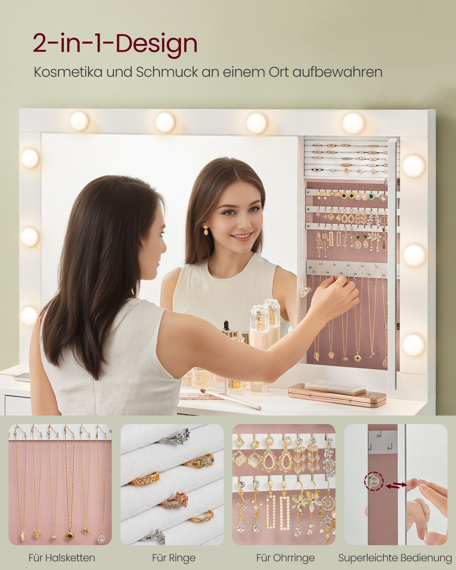 VASAGLE Schminktisch Frisiertisch mit Spiegel, Kosmetiktisch mit Schubladen (1 Tisch mit 1 Hocker), mit Schmuckschrank, Steckdosenleiste, 40 x 125 x 140 cm – Bild 4 von 5