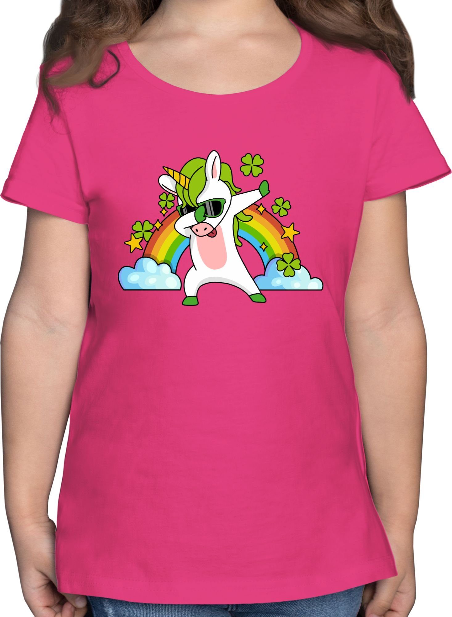 Shirtracer T-Shirt Dabbendes Einhorn Kleeblatt Regenbogen Anlässe Kinder 1 Fuchsia