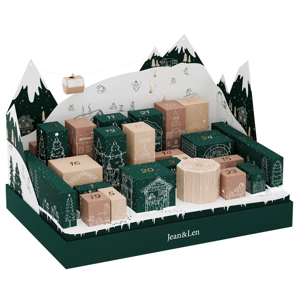 Jean & Len ohne Gedons* Adventskalender Jean&Len Adventskalender 2026 24 Originalgrößen (24-tlg), Beauty-Kalender mit 24 Originalgrößen und 3D-Skilandschaft