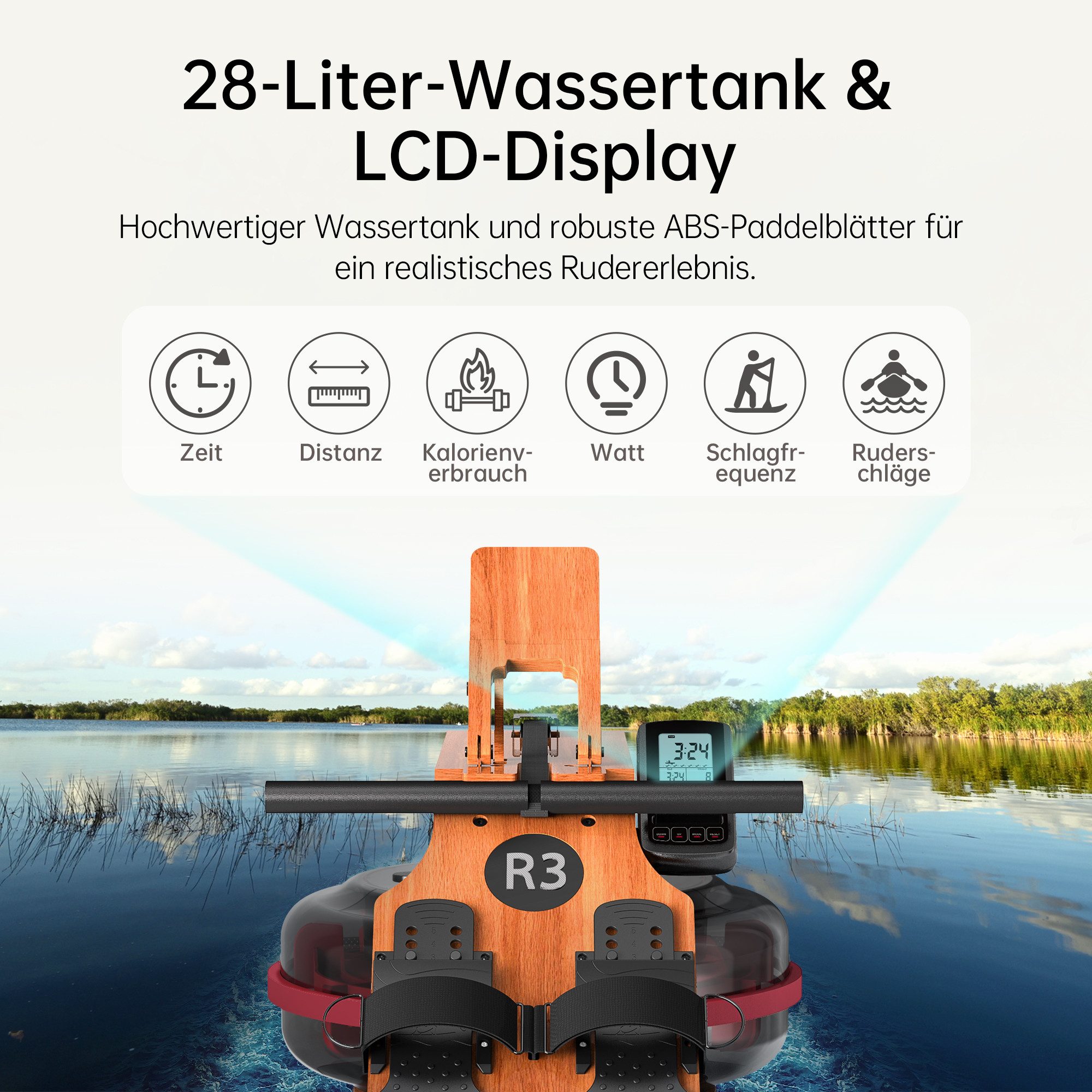 JASPORT Rudergerät R3 Klappbar Wasserrudergerät für Zuhause (aus Eiche, Klappbares Rudermaschine, Wasserbehälter mit MAX-Füllstand-Markierung), mit Trainingscomputer (Kinomap kompatibel) & Tablethalterung