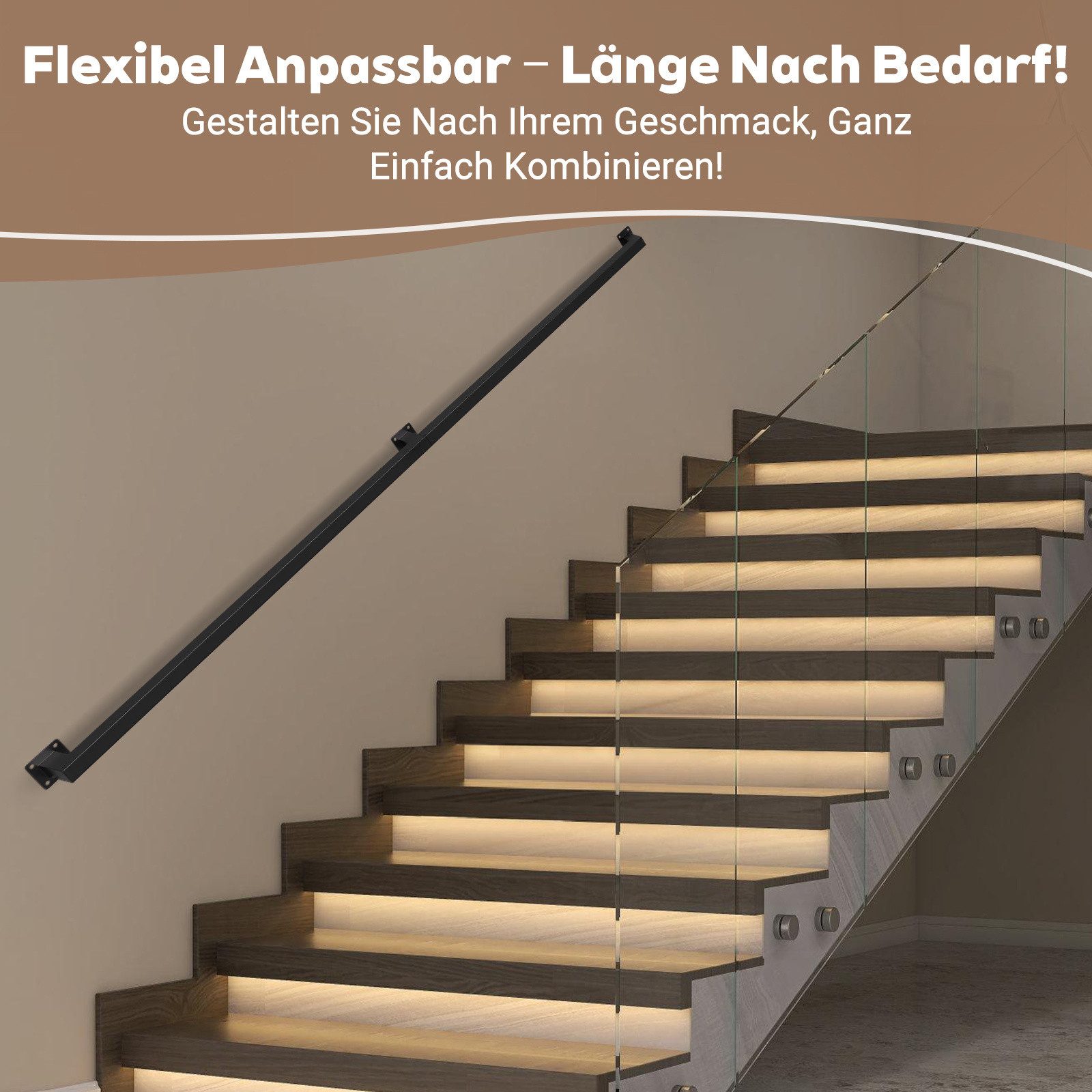 Clanmacy Treppengeländer Handlauf Set Metall Schwarz pulverbeschichteter Treppenhandlauf 300cm, 300 cm Länge – Bild 5 von 5