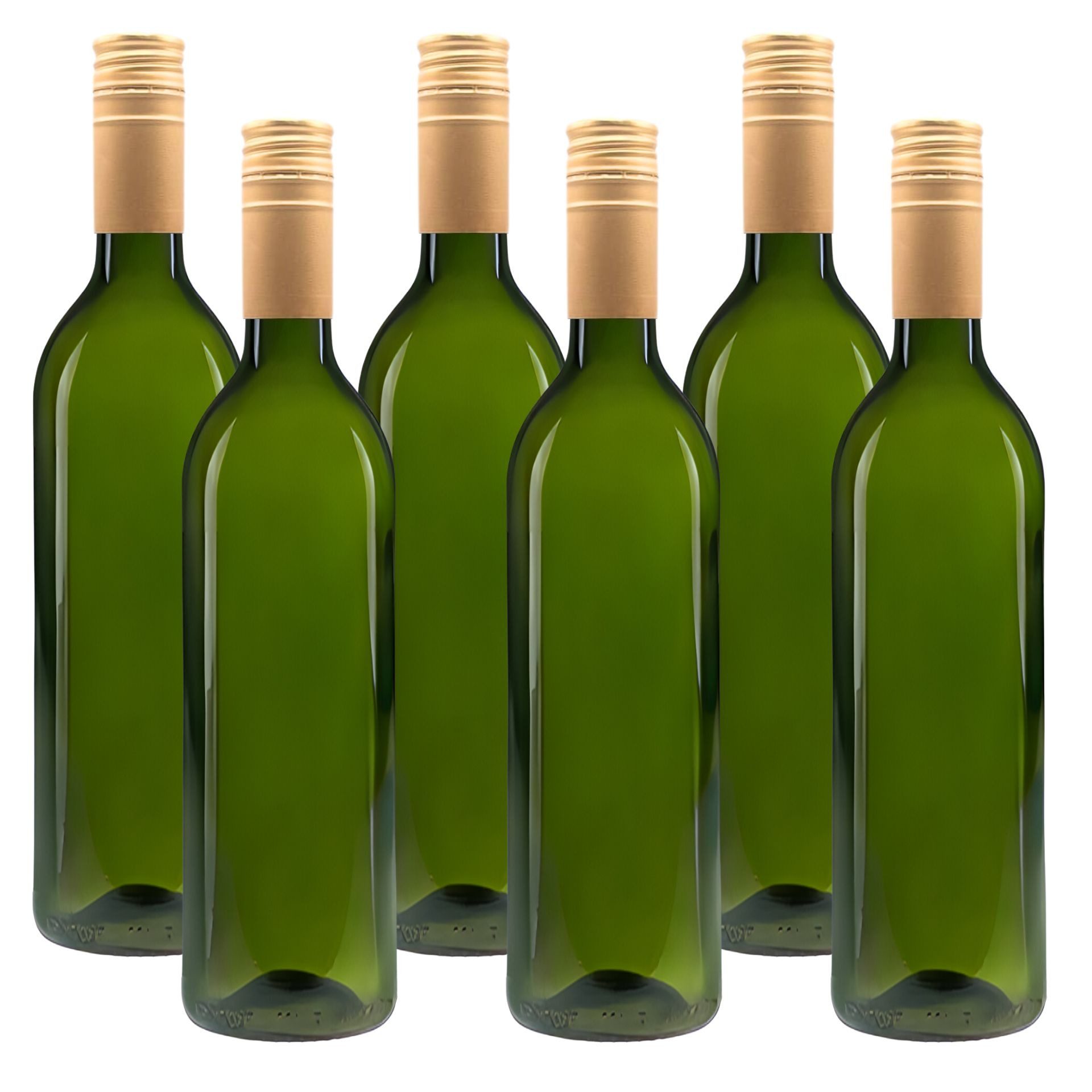 mikken Trinkflasche 6 Ölflaschen 750 ml Weinflasche Glasflasche grün inkl. Etiketten, mit goldenem Deckel, 0,75 L