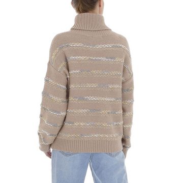 Ital-Design Strickpullover Damen Freizeit Glitzer Gestreift Stretch Strickpullover in Hellbraun