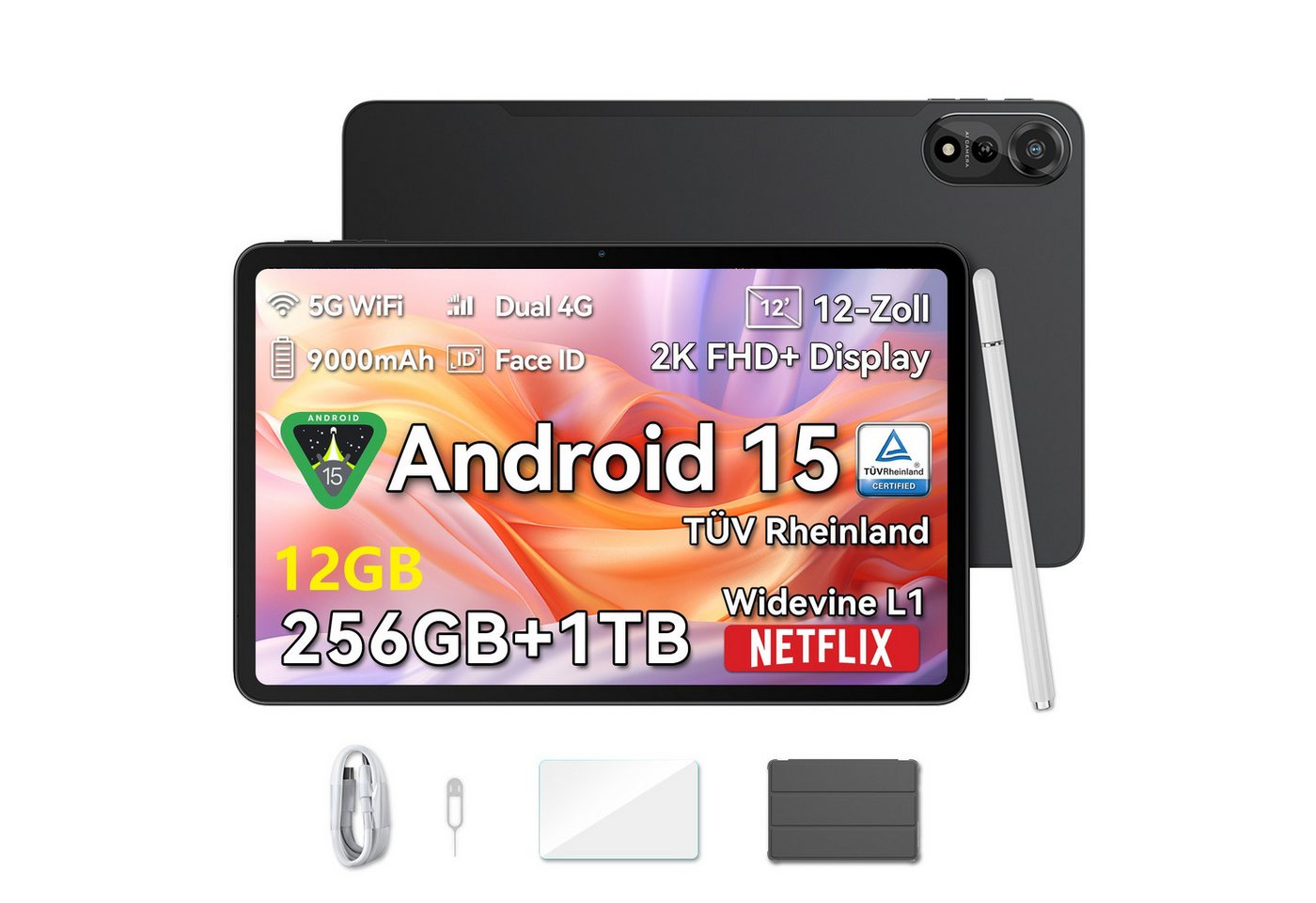 blackview 2026 12“ Mega2 128/256GB 4G LTE Android 15 2,4K Display Tablet (12", 256 GB, Android 15, 4G (LTE), 5G WiFi, 2K, Android 15, 9000mAh, 4G LTE, 128/256GB)