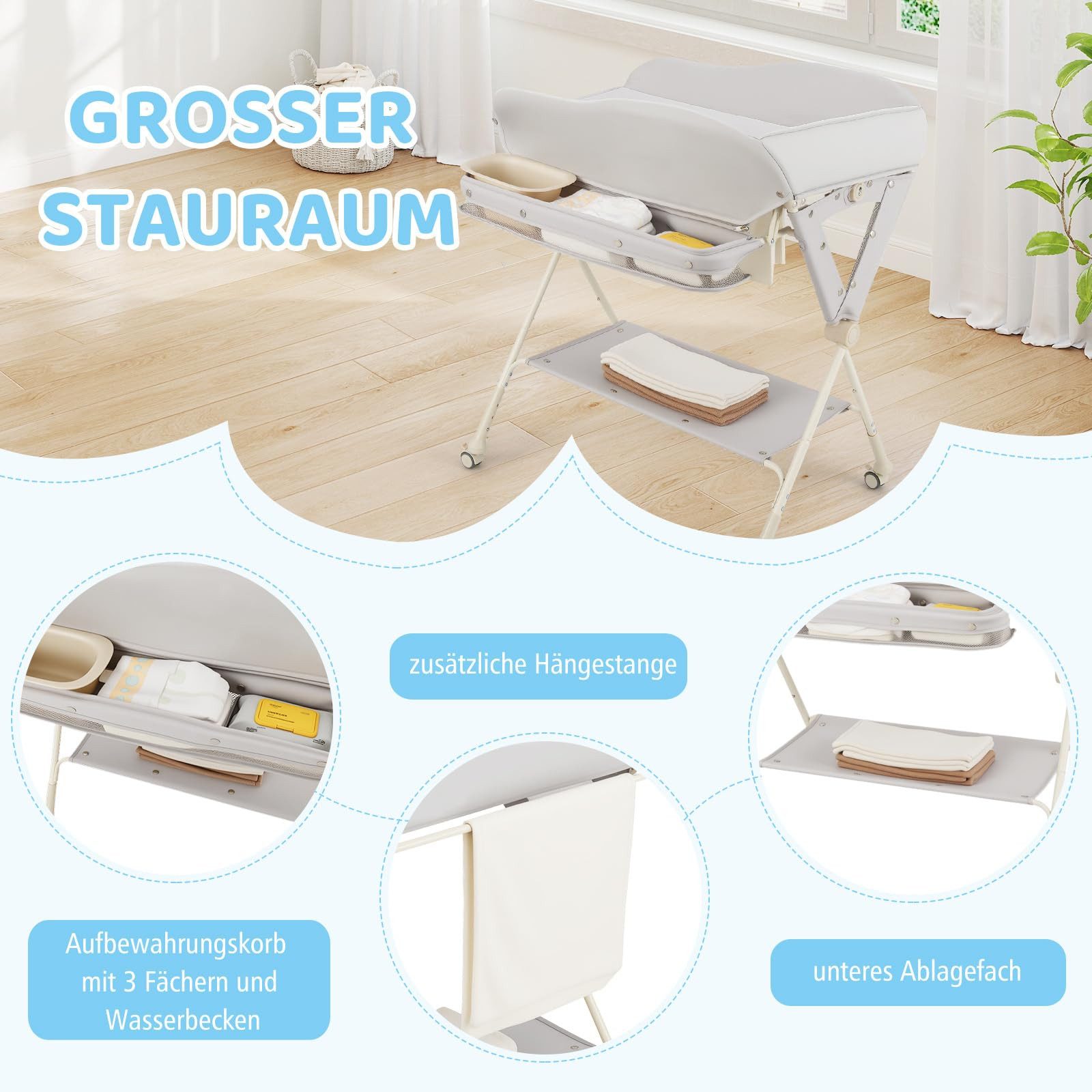 COSTWAY Wickeltisch Badewanne, 3-stufig verstellbar, Ein-Klick-Faltsystem günstig online kaufen