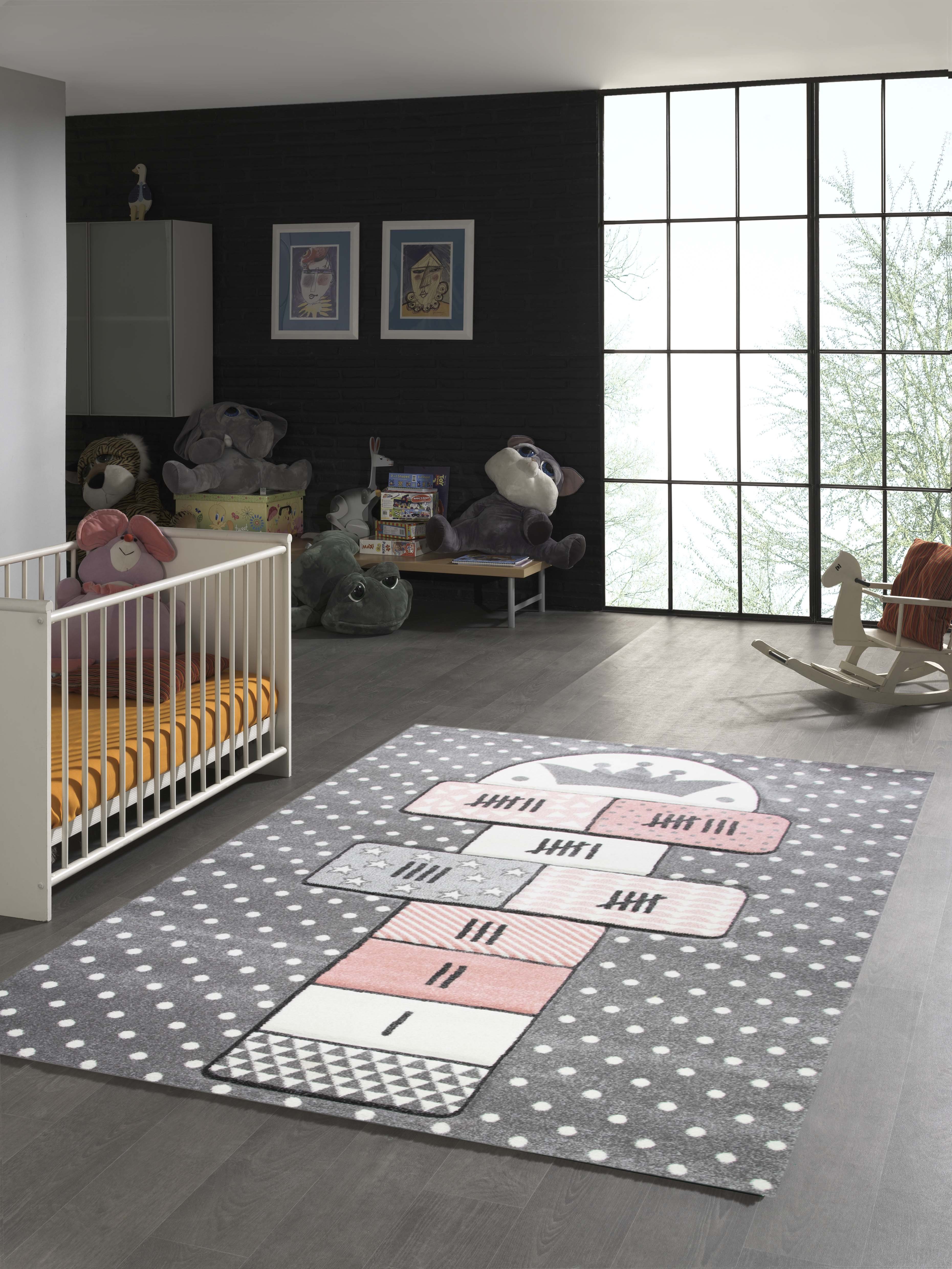 TeppichHome24 Kinderteppich Kinderteppich Hüpfkästchen in Grau Rosa Creme, rechteckig, Höhe: 1.3 mm
