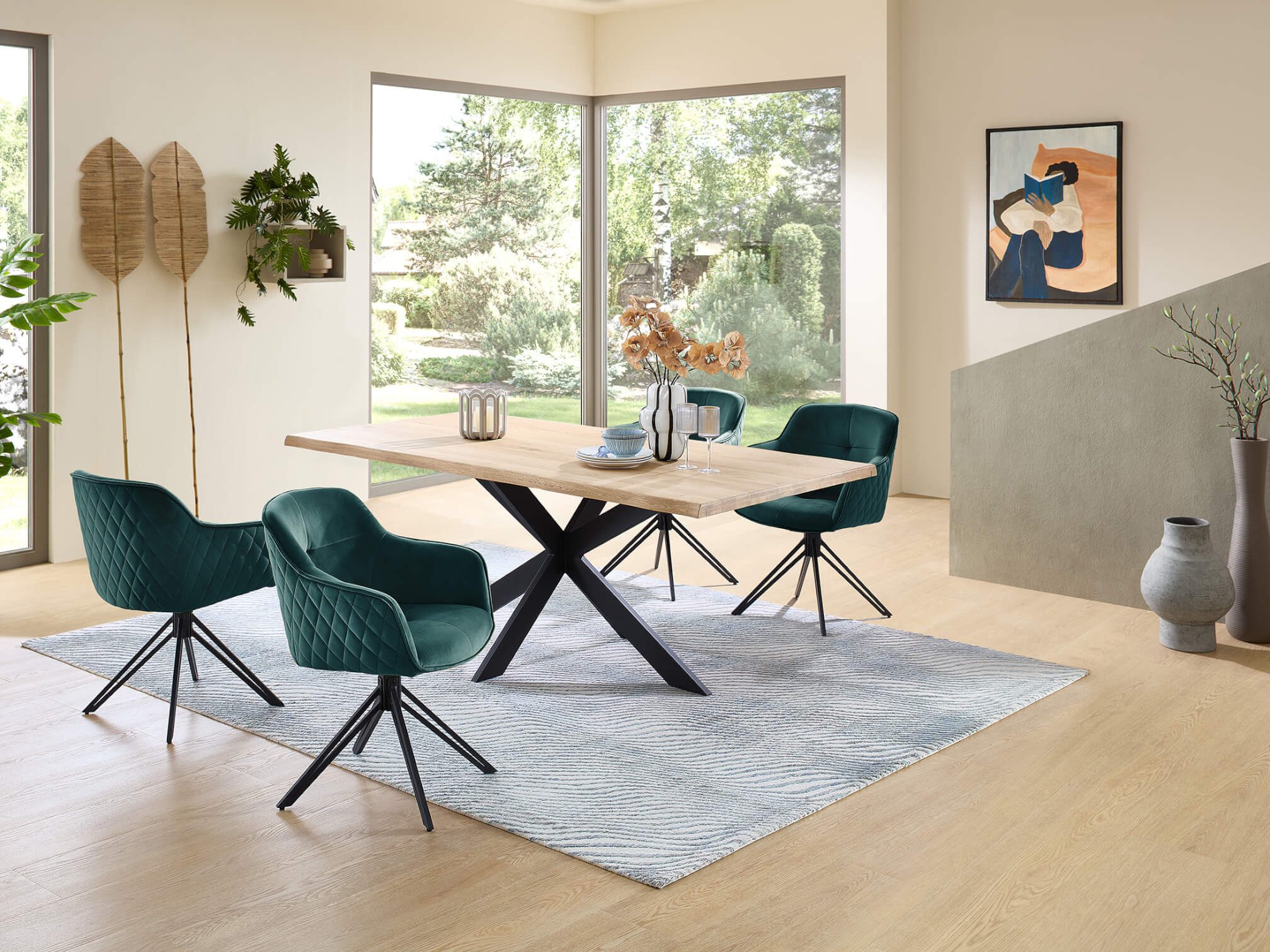 moebel-dich-auf Esszimmer-Set TORANO, (Esstisch aus Eiche Massivholz mit Baumkante 200 cm breit, 1 Tisch, 4 oder 6 Stühle), Sitzgruppe mit Samtbezug und Diamantsteppung