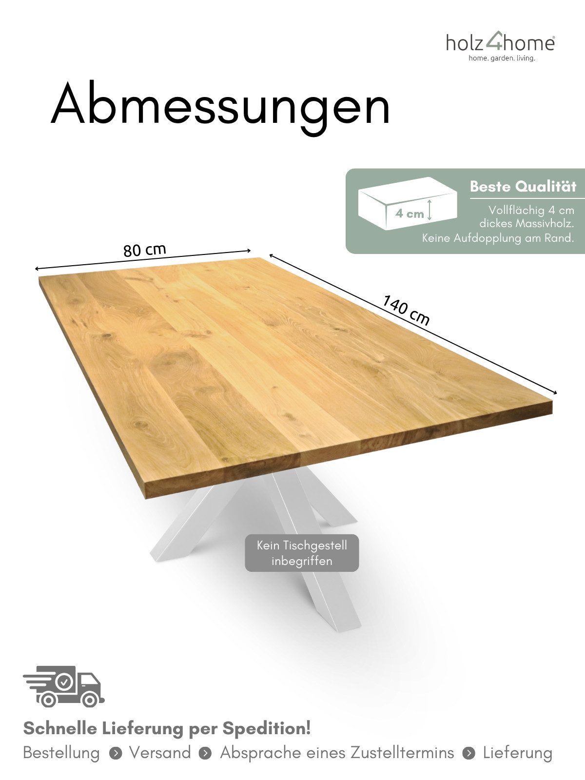 holz4home® Esstischplatte Massivholz Eiche I Gerade Kante I Massivholzplatte Naturgeölt Echtholz, Vollflächig 4cm dickes Massivholz