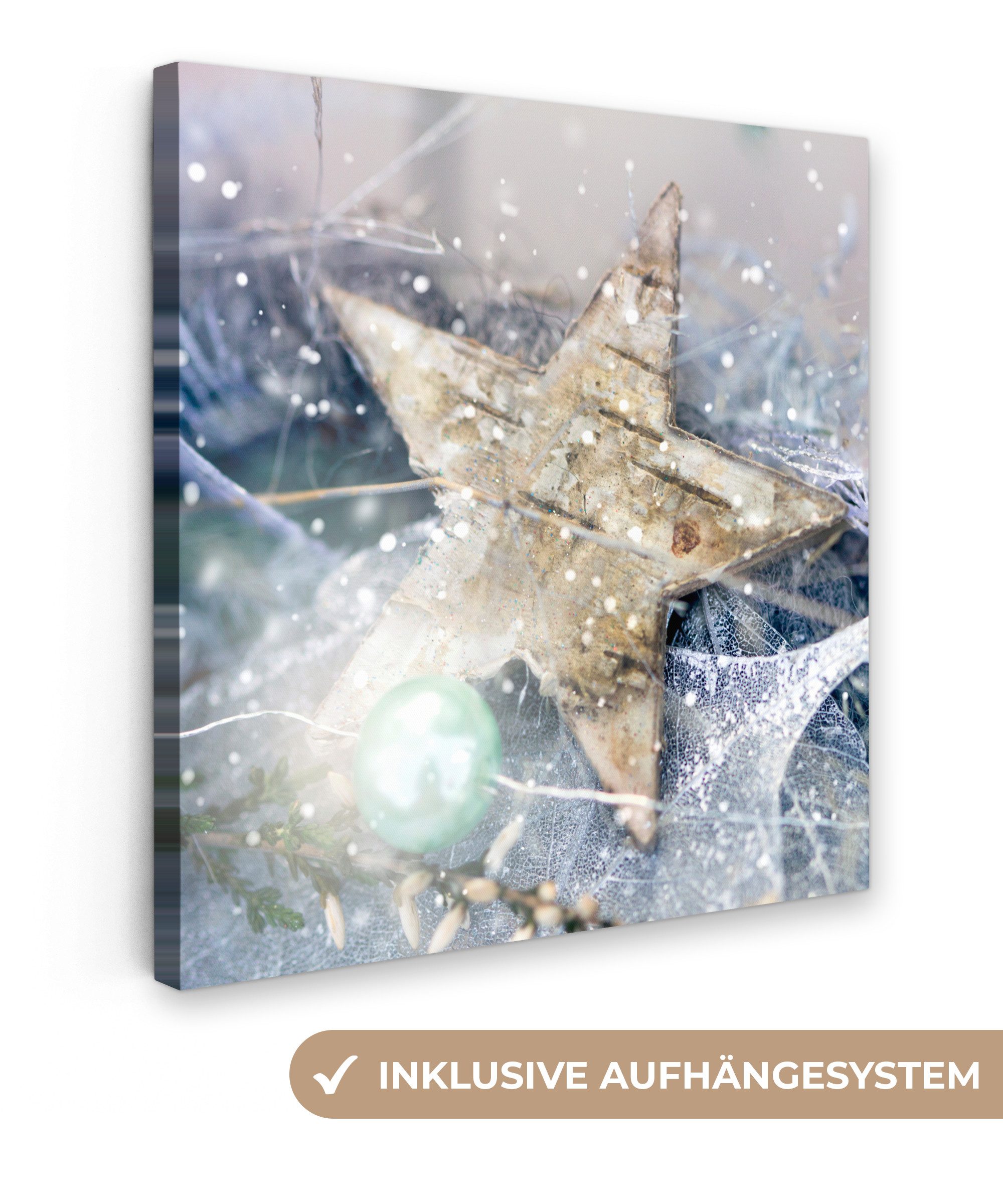 OneMillionCanvasses® Leinwandbild Ein Weihnachtsstern mit schwarzem Eis, Fotodruck (1 St), Wandbild, Deko Schlafzimmer Wohnzimmer Flur 20x20 cm