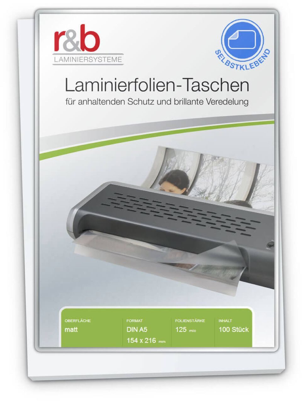 r&b Laminiersysteme Laminierfolie r&b Laminierfolie, matt, mit selbstklebender Rückseite, A5, matt, 100 St., Matt, selbstklebend, beschreibbar, wasserfest, reißfest, formstabil