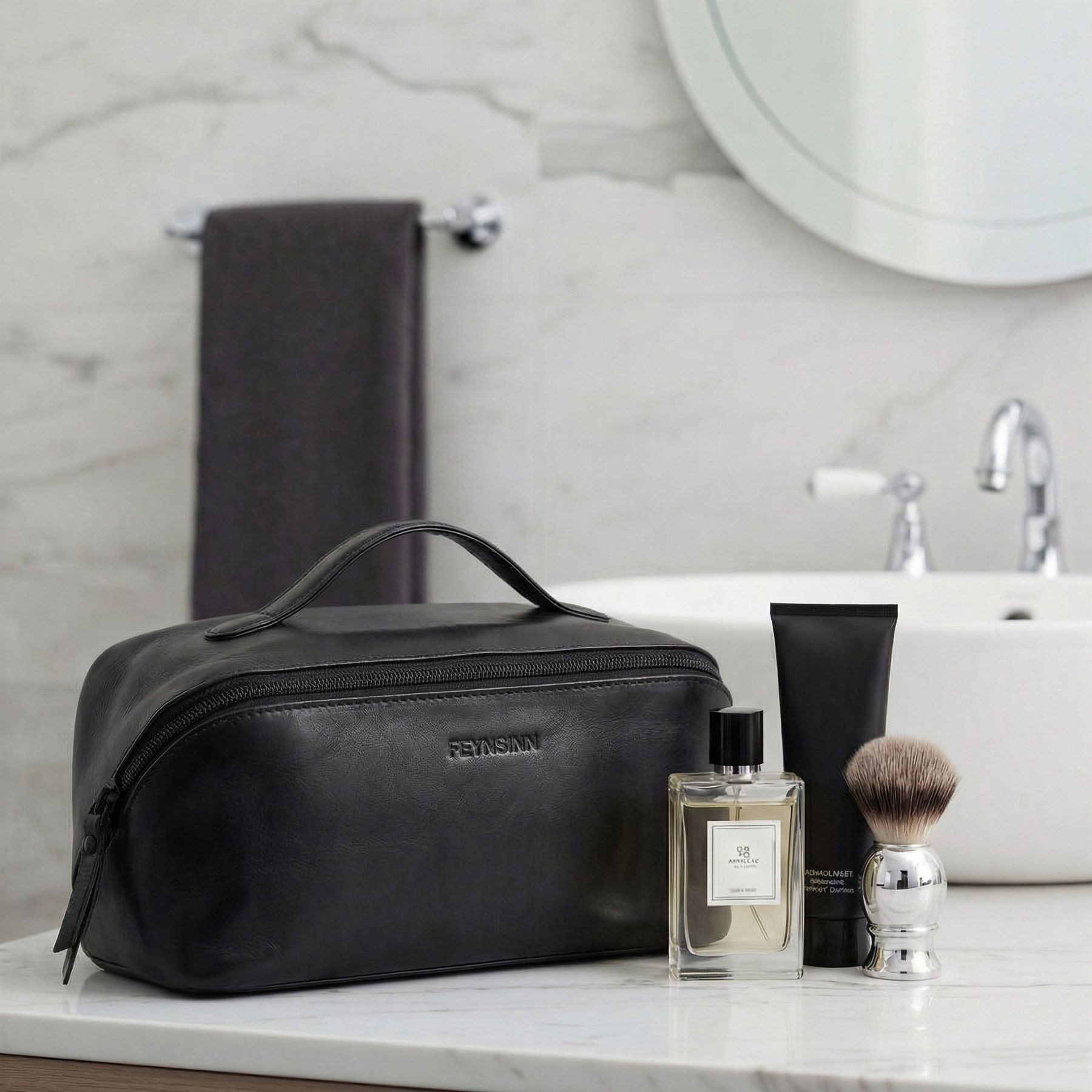 FEYNSINN Kosmetiktasche echt Leder Kulturtasche BO groß Ledertasche Waschbeutel unisex, Waschbeutel Echtleder Damen Herren, Kosmetiktasche schwarz