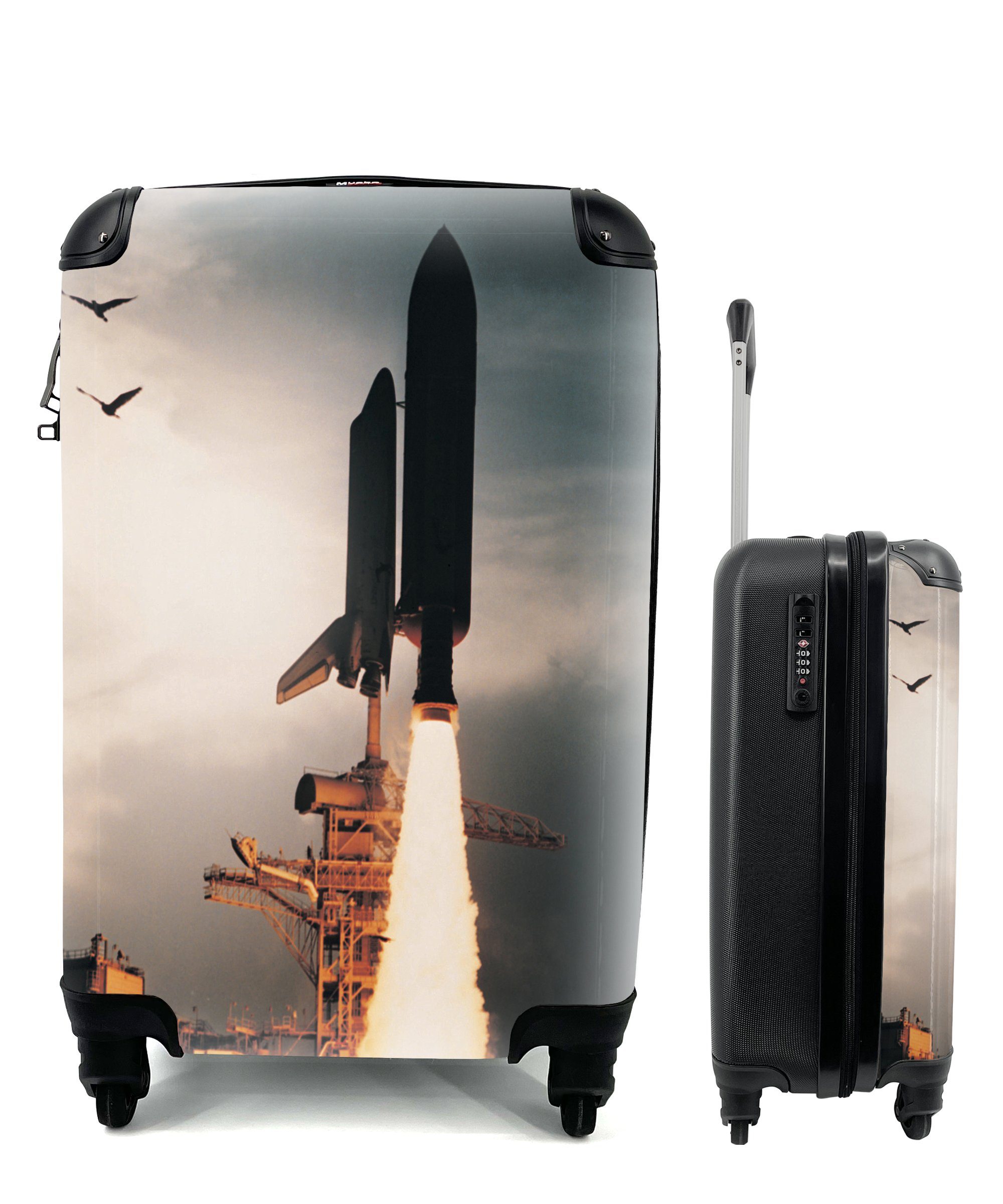 MuchoWow Handgepäckkoffer Eine aufsteigende Raumfähre Reisekoffer Handgepäck rollen, am Ferien, Himmel, Trolley, für mit dunklen 4 Rollen, Reisetasche