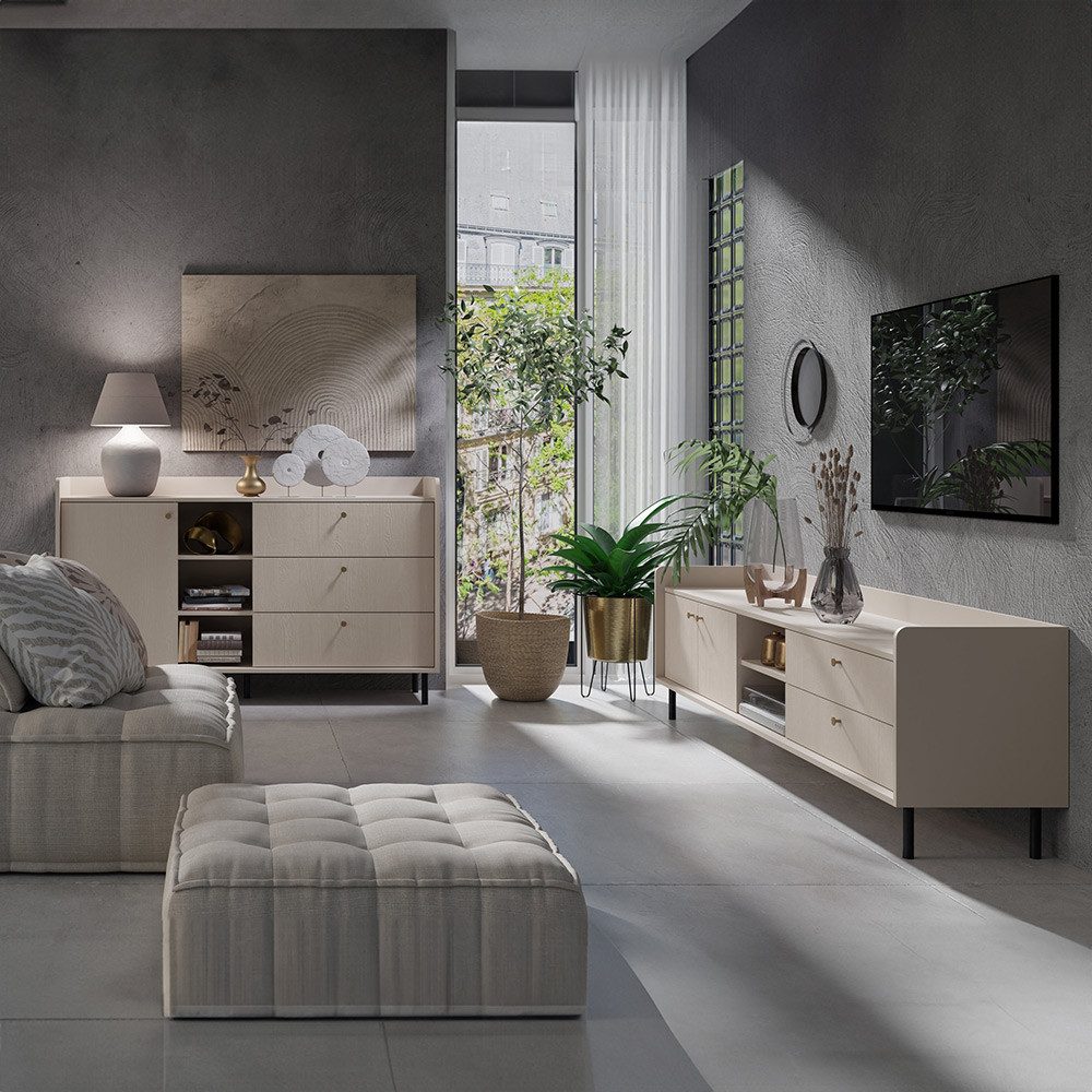 Lomadox Wohnzimmer-Set GORICA-133, (Mega-Spar-Set, 2-St., Highboard Lowboard), in sandbeige mit feiner Struktur, modern, 2-teilig, goldfarbene Griffe