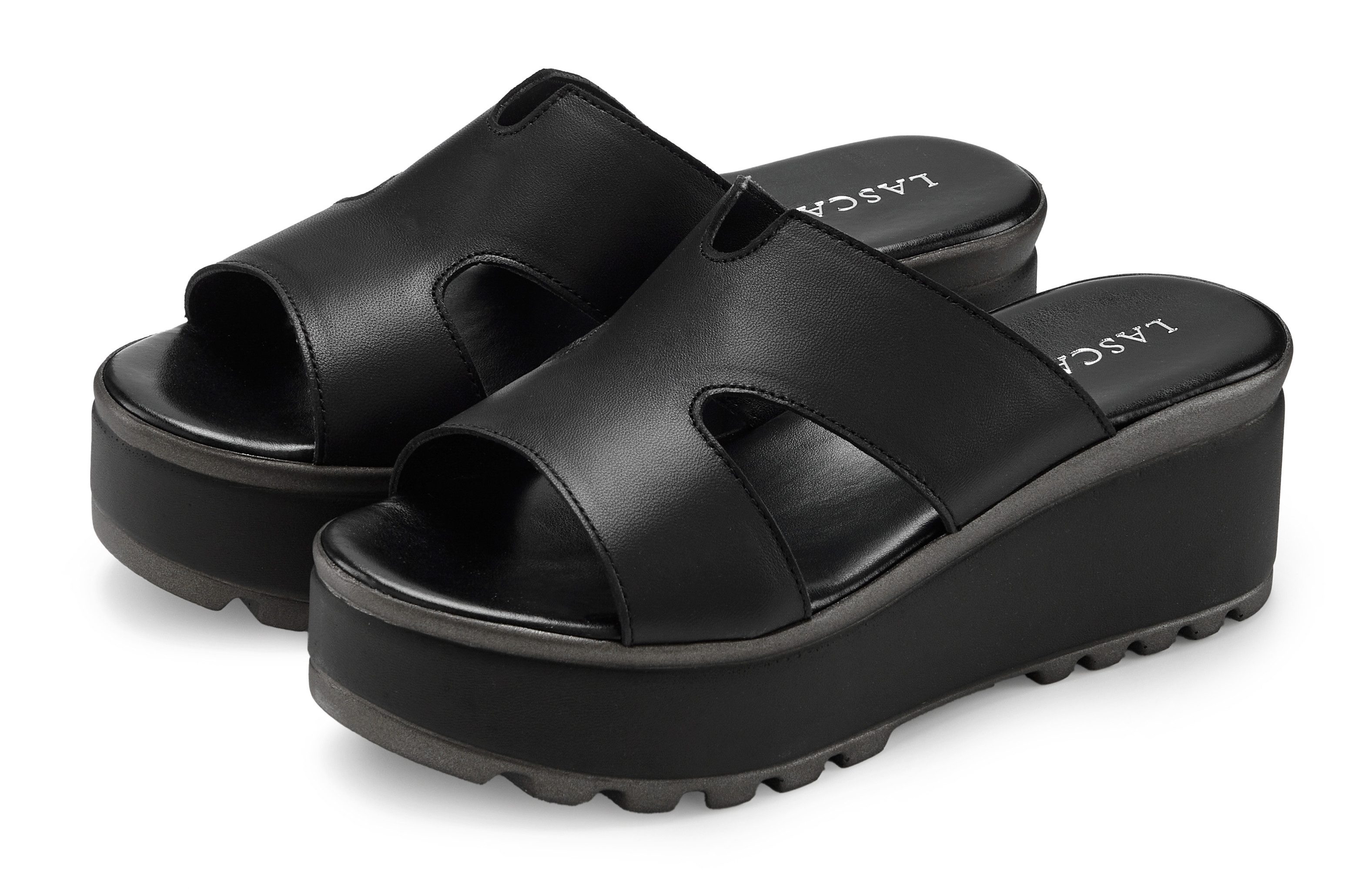LASCANA Sandale, Sommerschuh, Mule, offener Schuh, Pantolette NEU aus Leder mit Keilabsatz