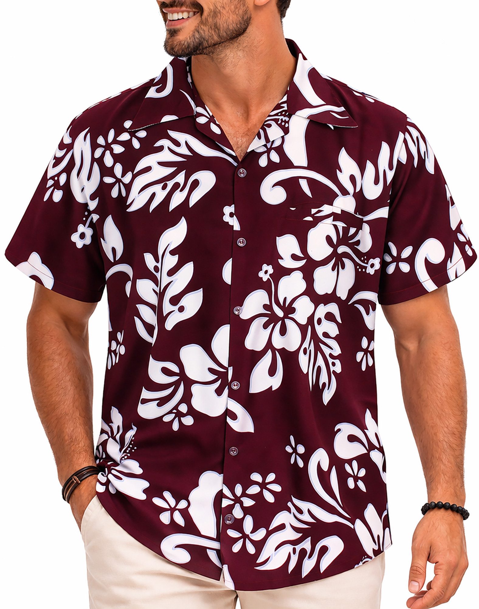 King Kameha Hawaiihemd "Hibiscus" Funky Hawaii-Hemd Herren Kurzarm Front-Tasche Stylish