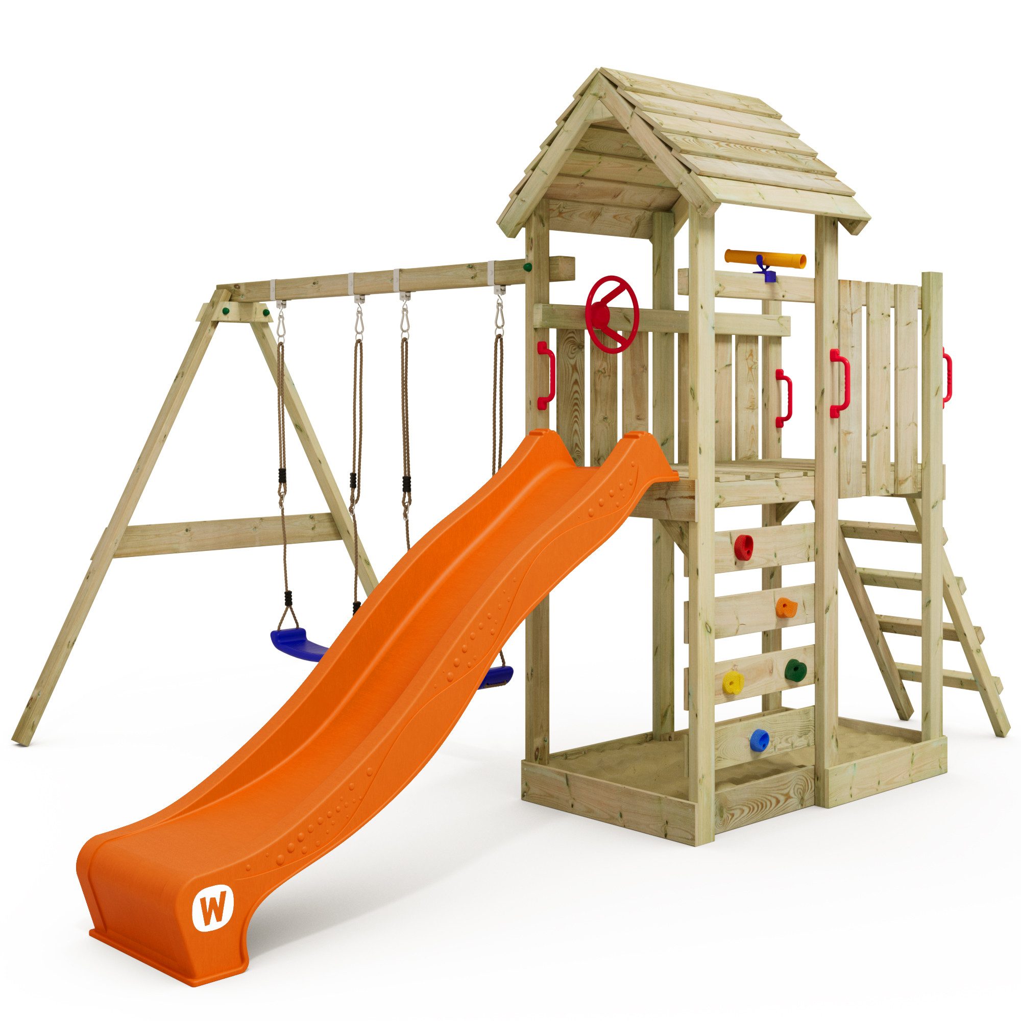 Wickey Spielturm MultiFlyer mit Holzdach, Doppelschaukel günstig online kaufen
