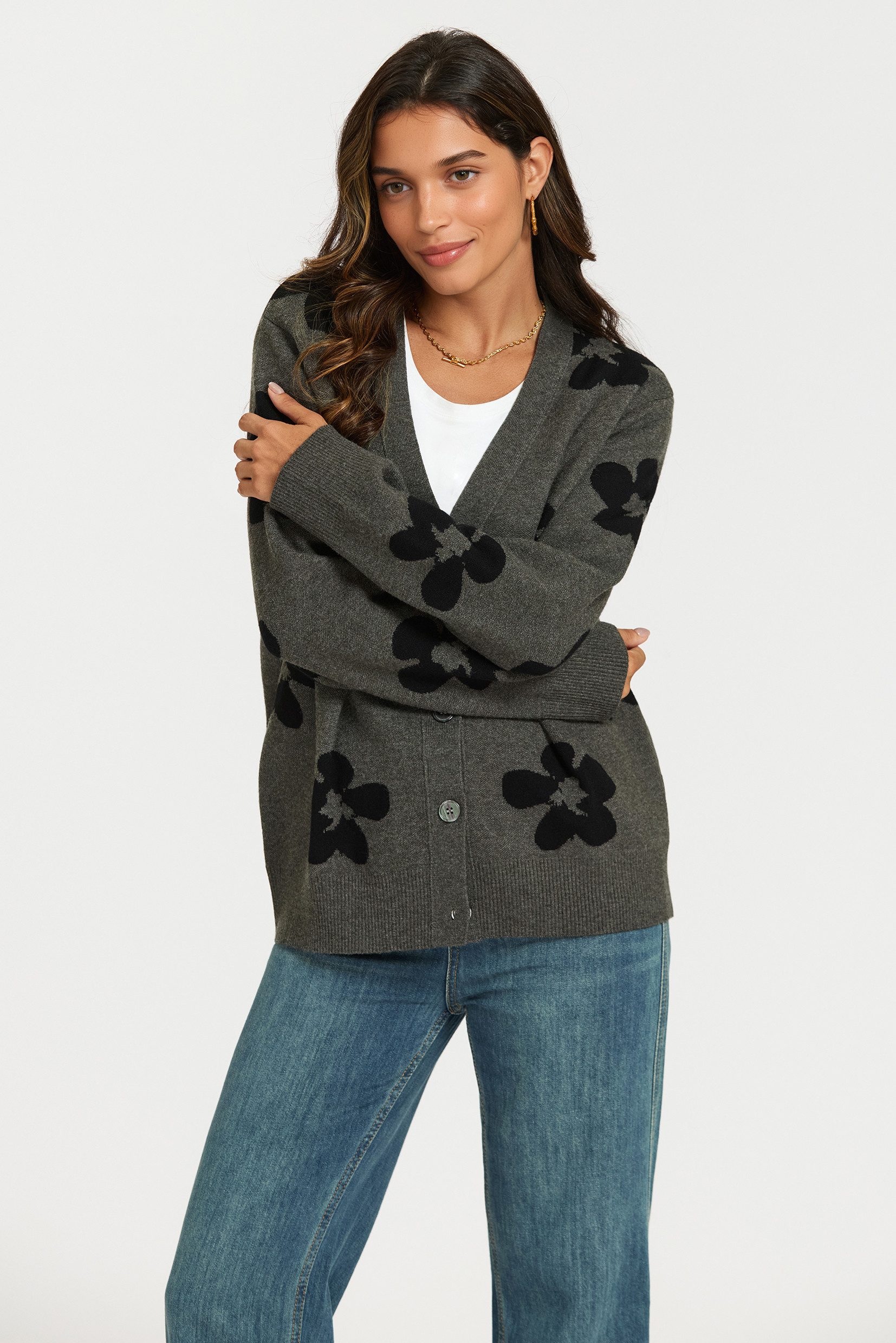 Cardigan Damen Strickjacke Cardigan mit Blumenmuster, Dunkelgrau