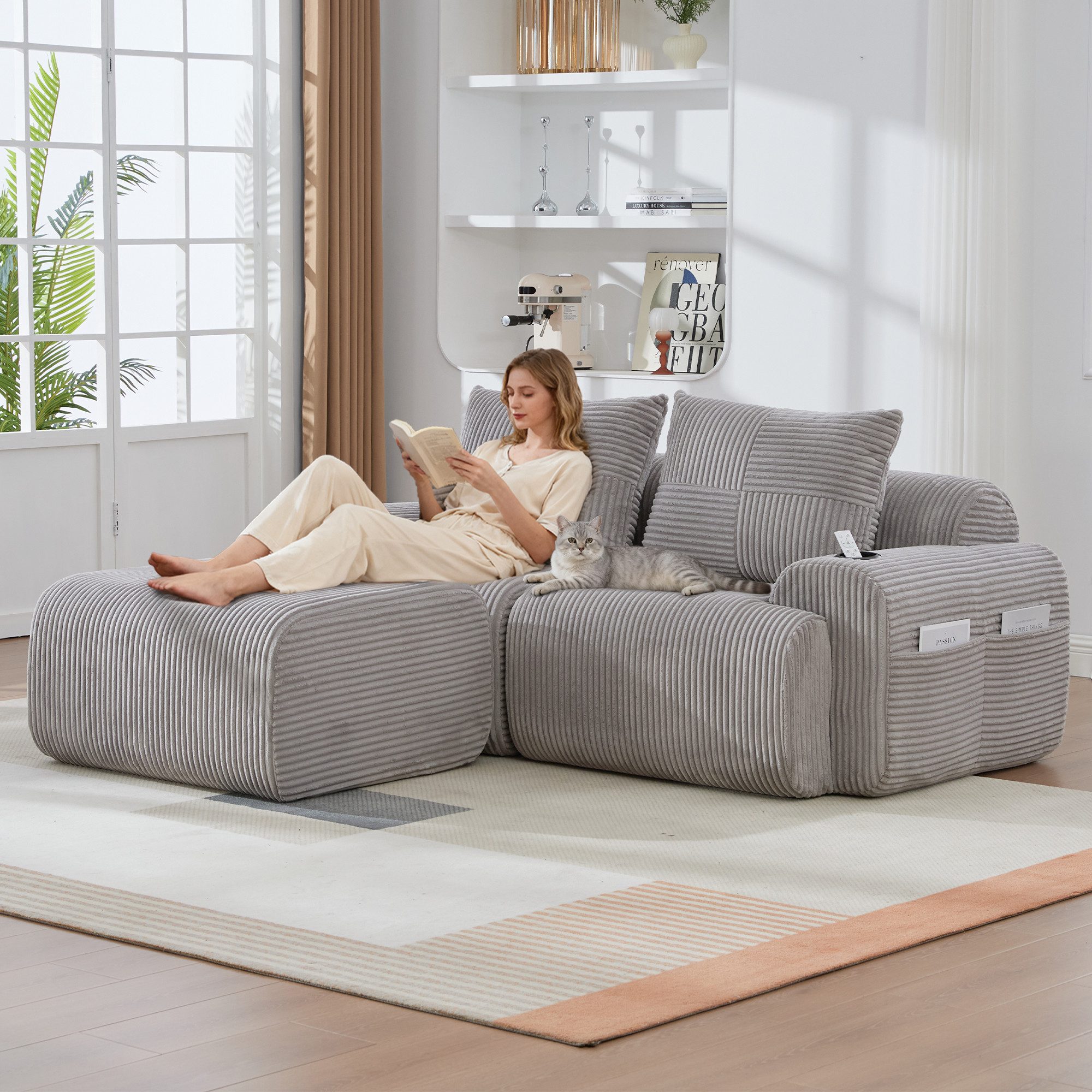 Odikalo Ecksofa Modulares Sofa mit Schlaffunktion, Eckcouch mit 2 Hockern, U Form, Modulares Cordsofa für 3 Personen (mit 2 Hockern), frei kombinierbar, inklusive Getränkehalter und seitlicher Aufbewahrungstasche, ideal für Wohnzimmer, Familienzimmer und weitere Räume