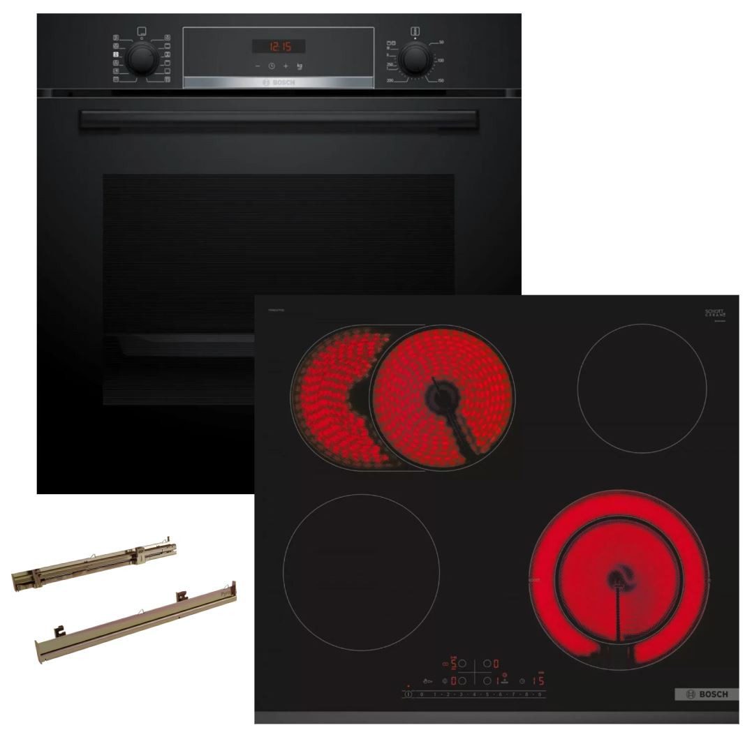 BOSCH Backofen-Set PYROLYSE TELESKOPAUSZUG + Glaskeramikkochfeld PowerBooster autark 60cm