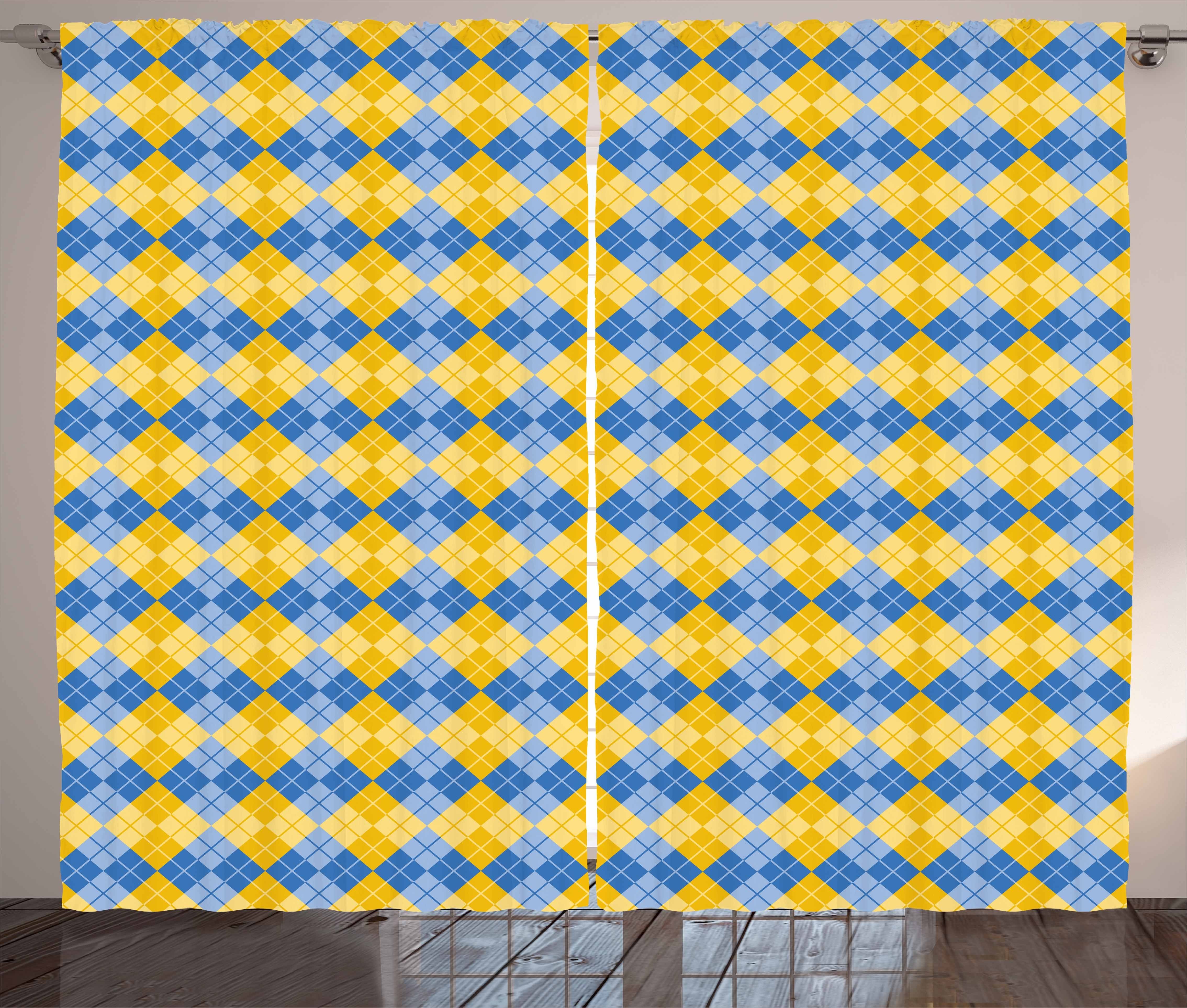 Gardine Schlaufen Gitter und mit Blau Kräuselband Schlafzimmer Haken, Gelb Argyle Abakuhaus, und Vorhang