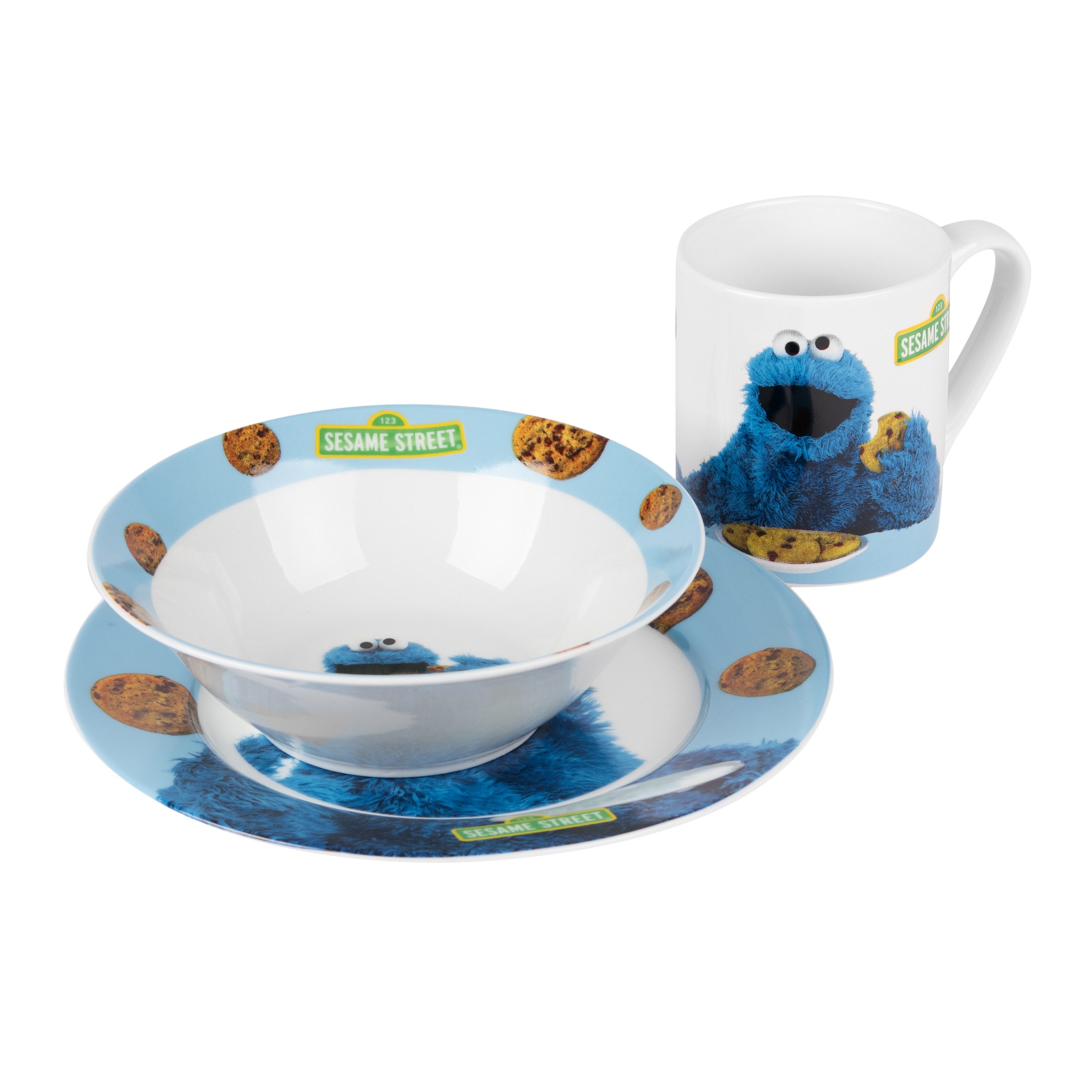 United Labels® Frühstücks-Geschirrset Sesamstraße - Krümelmonster - Set, 3-tlg., 1 Personen, Porzellan