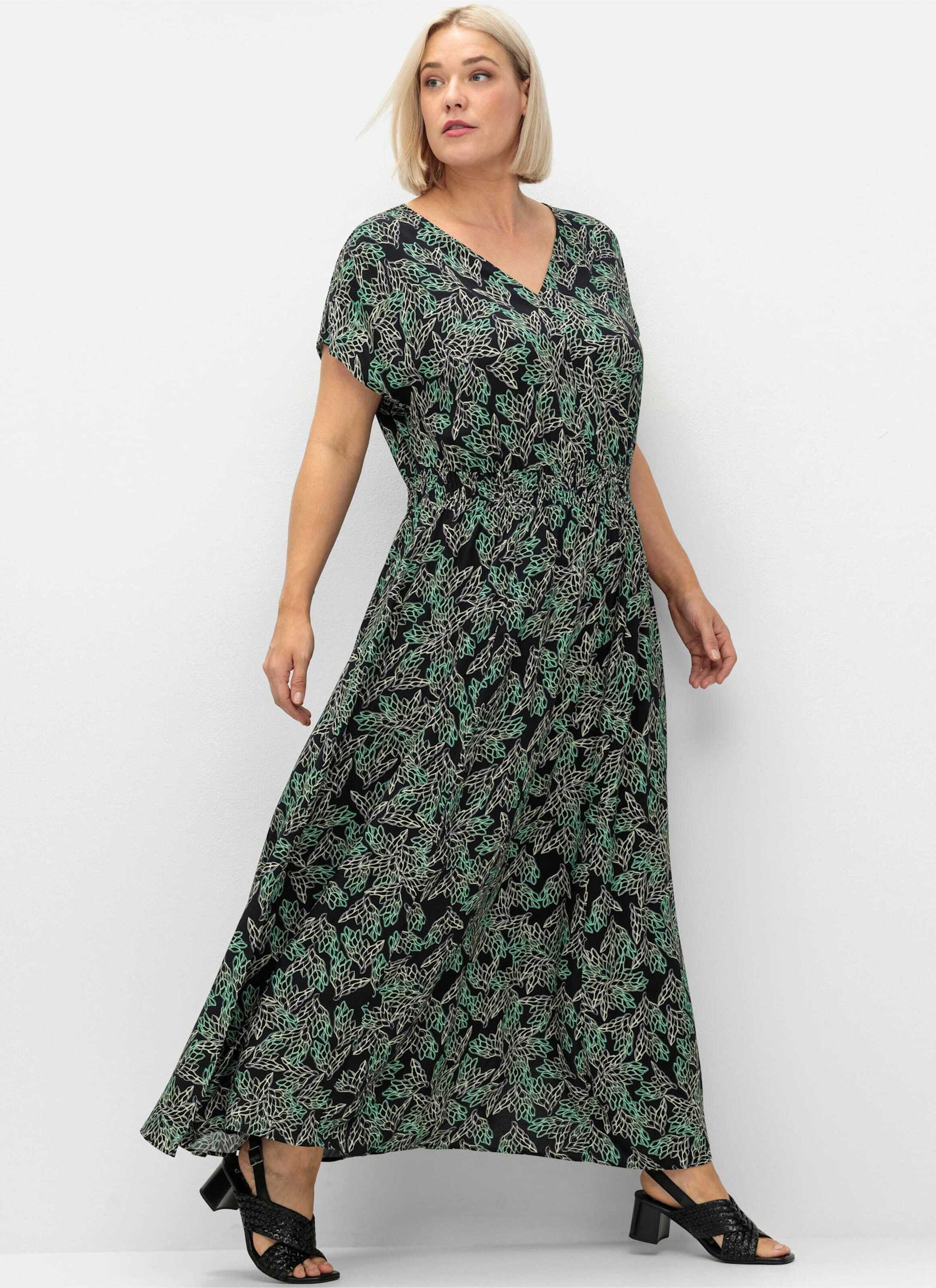 Sheego Etuikleid Maxikleid Kurzarm mit Alloverdruck und gesmokter Taille