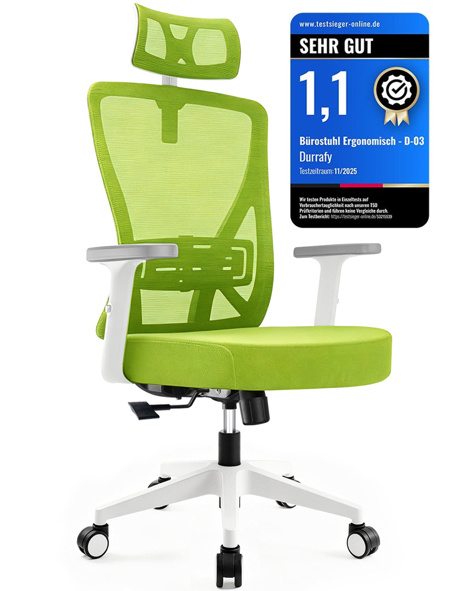 Durrafy Bürostuhl 200kg Ergonomischer Bürostuhl-Verstellbare Lordosenstütze (200 kg extra hohe Belastbarkeit) Verstellbare Lendenwirbelstutze + Kopfstutze + hohenverstelbare Armlehnen),bis zu 130° neigbar, atmungsaktives Netzgewebe, Drehstuhl