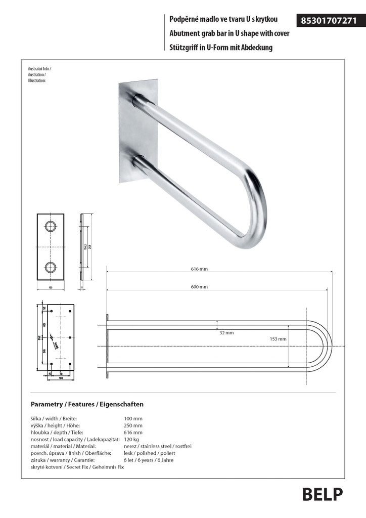 BRILLANTBAD® Stützklappgriff BELP Stützgriff U-Form Edelstahl poliert für Bad & WC >> Bohren