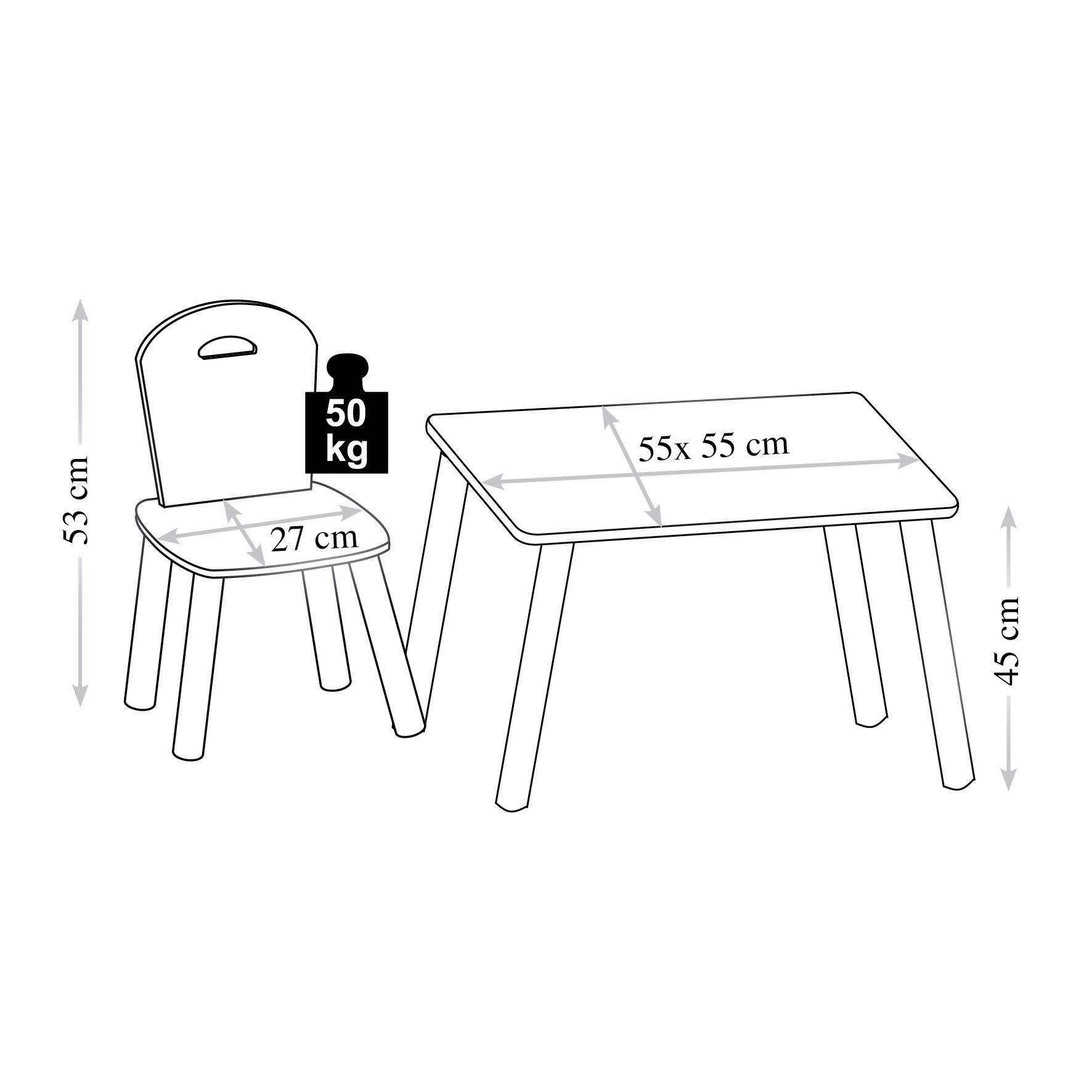 KESPER® Kindertisch Kinder-Tisch Spieltisch Spiel-Sitzgarnitur (Kinder-Sitzgruppe, 3-St), Set aus 1 Tisch und 2 Stühlen