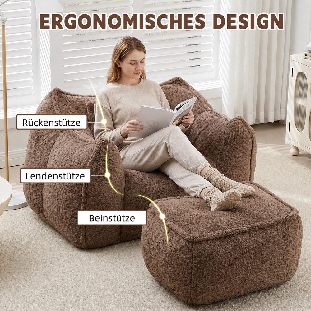 Leawin Relaxliege Sofas Wohnzimmer Loungesessel mit Hocker aus Kunstfell, Weicher Bean Bag Sessel mit Fußhocker und Schaumstofffüllung