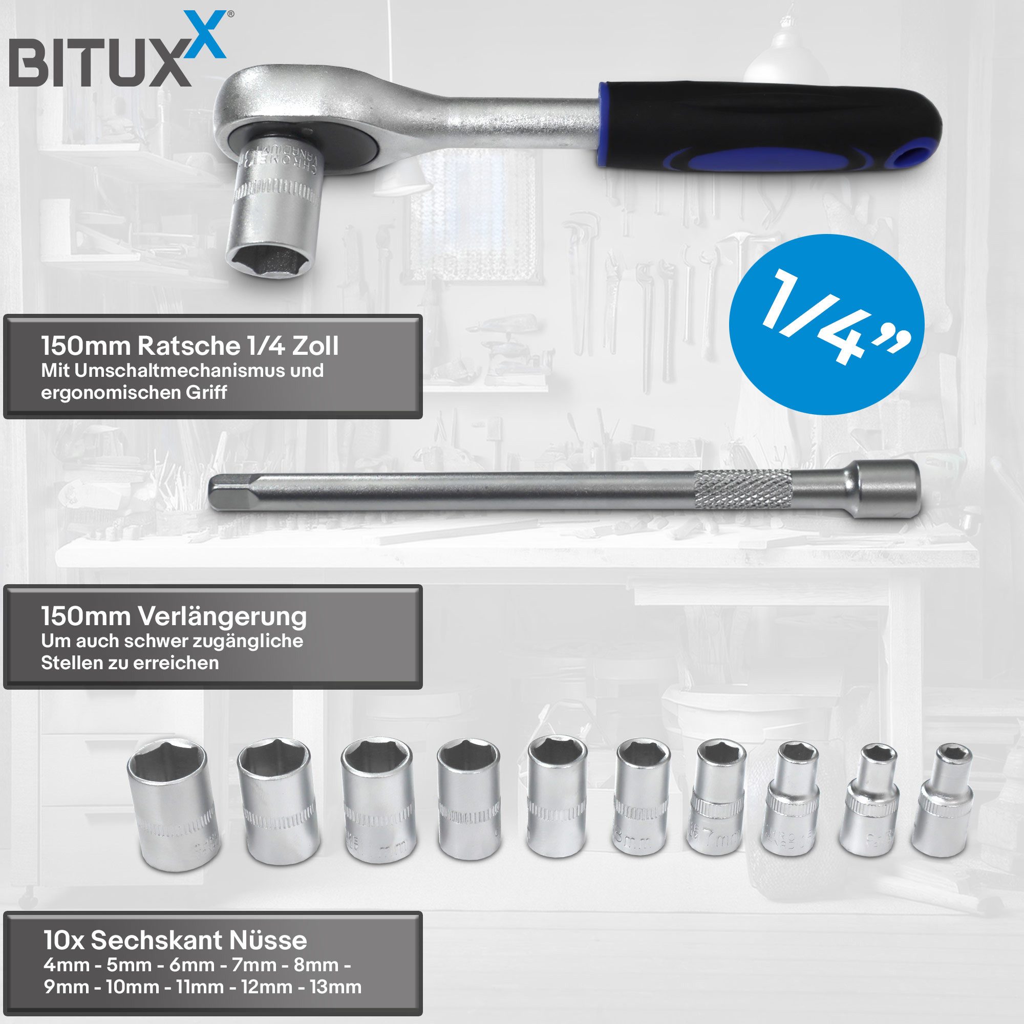 Bituxx Werkzeugset Bituxx Ratschen Set 1/4 Zoll 12 tlg., (MS-19501)