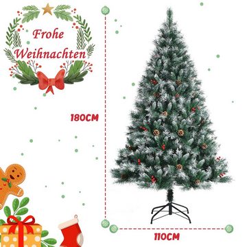 COSTWAY Künstlicher Weihnachtsbaum »180cm Verschneiter Tannenbaum«, mit 644 Tannenzapfen, roten Beeren & klappbarem Metallständer