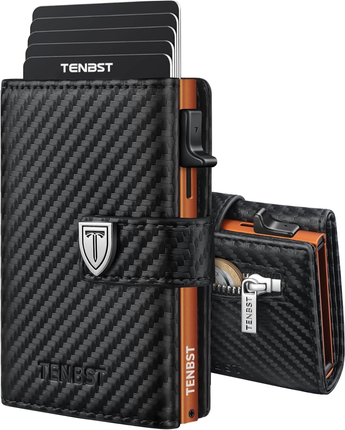 Ophy Geldbörse Ultradünnes Slim Wallet für Herren mit RFID-Schutz & Münzfach (Luxuriöses Kartenetui für 10 Kreditkarten), Schwarz & Orange (Portemonnaie)