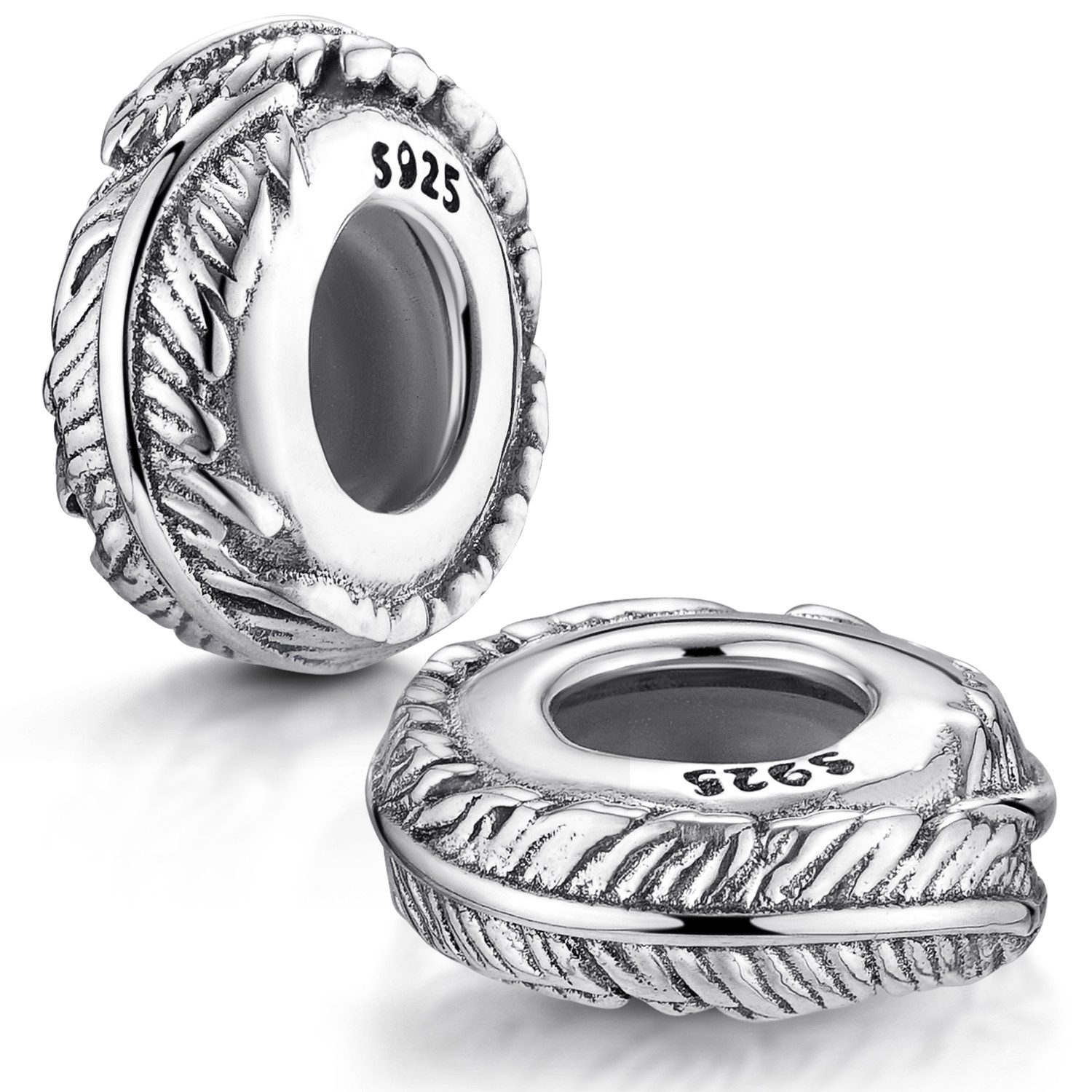 Materia Bead Stopper Zwischenelement Feder antik 1179, 925 Sterling Silber, geschwärzt