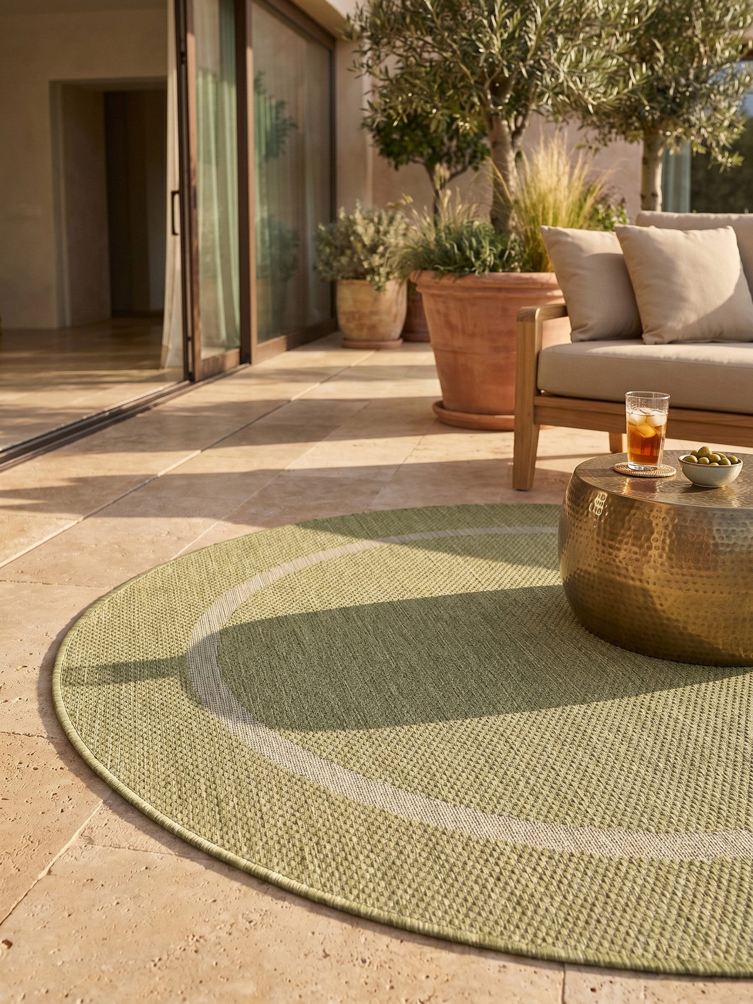 KADIMA DESIGN Outdoorteppich ALSTER Wetterfest UV-Beständig Balkon Waschbar Strapazierfähig Uni, Rund, Höhe: 3 mm, Grün, 120x120 cm, Balkonteppich Fußbodenheizung Waschbar