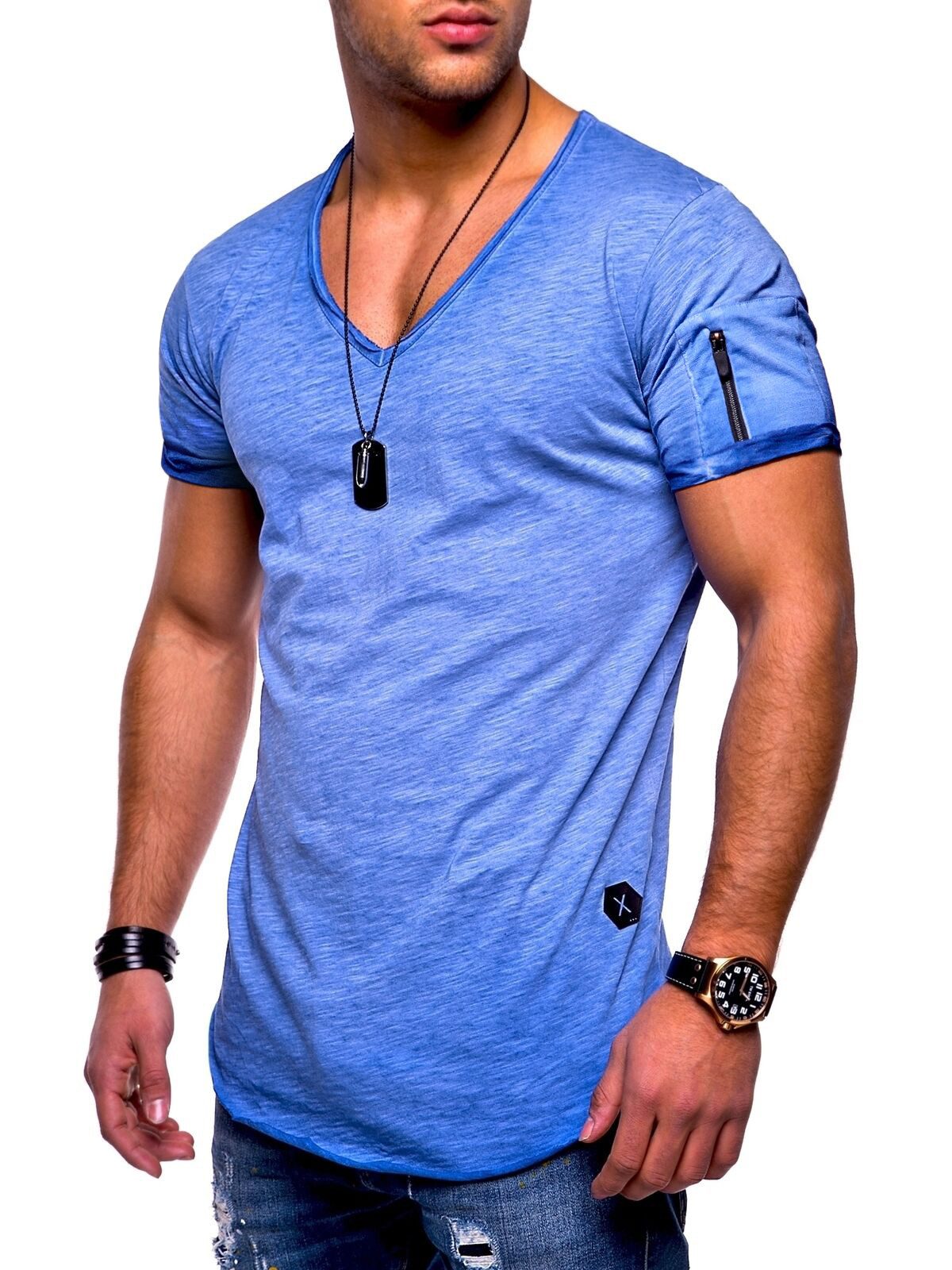 SOULSTAR T-Shirt BHKNINW Herren Basic Kurzarm V-Neck Oversized Shirt V-Ausschnitt Zipper