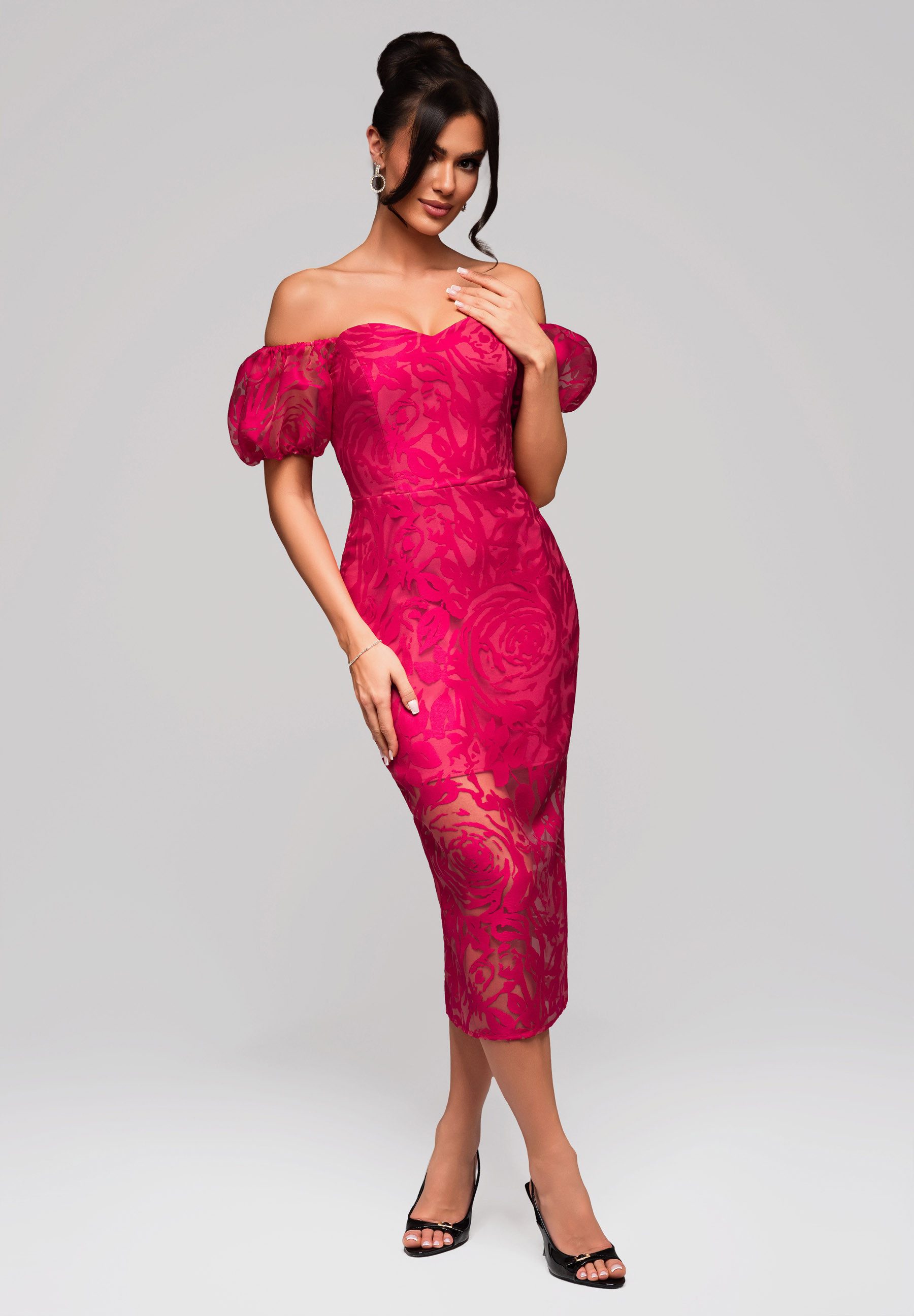OMBRE Abendkleid Schulterfreies Midikleid mit floraler Spitze günstig online kaufen