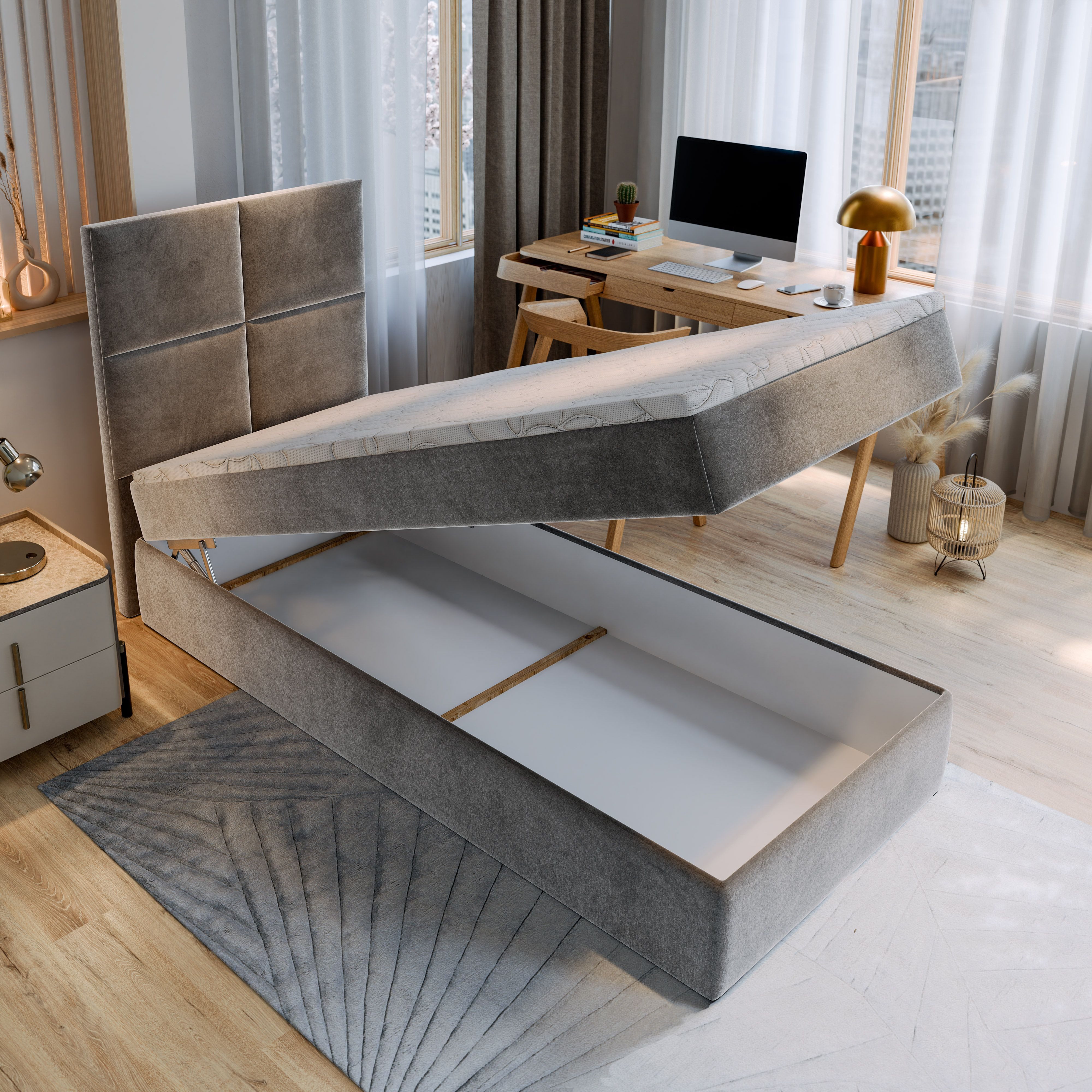 Masseno Boxbett LENA 80x200 cm mit Bonell Matratze und Topper, Einzelbett, Jugendbett, Polsterbett mit Kopfteil, Boxspringbett