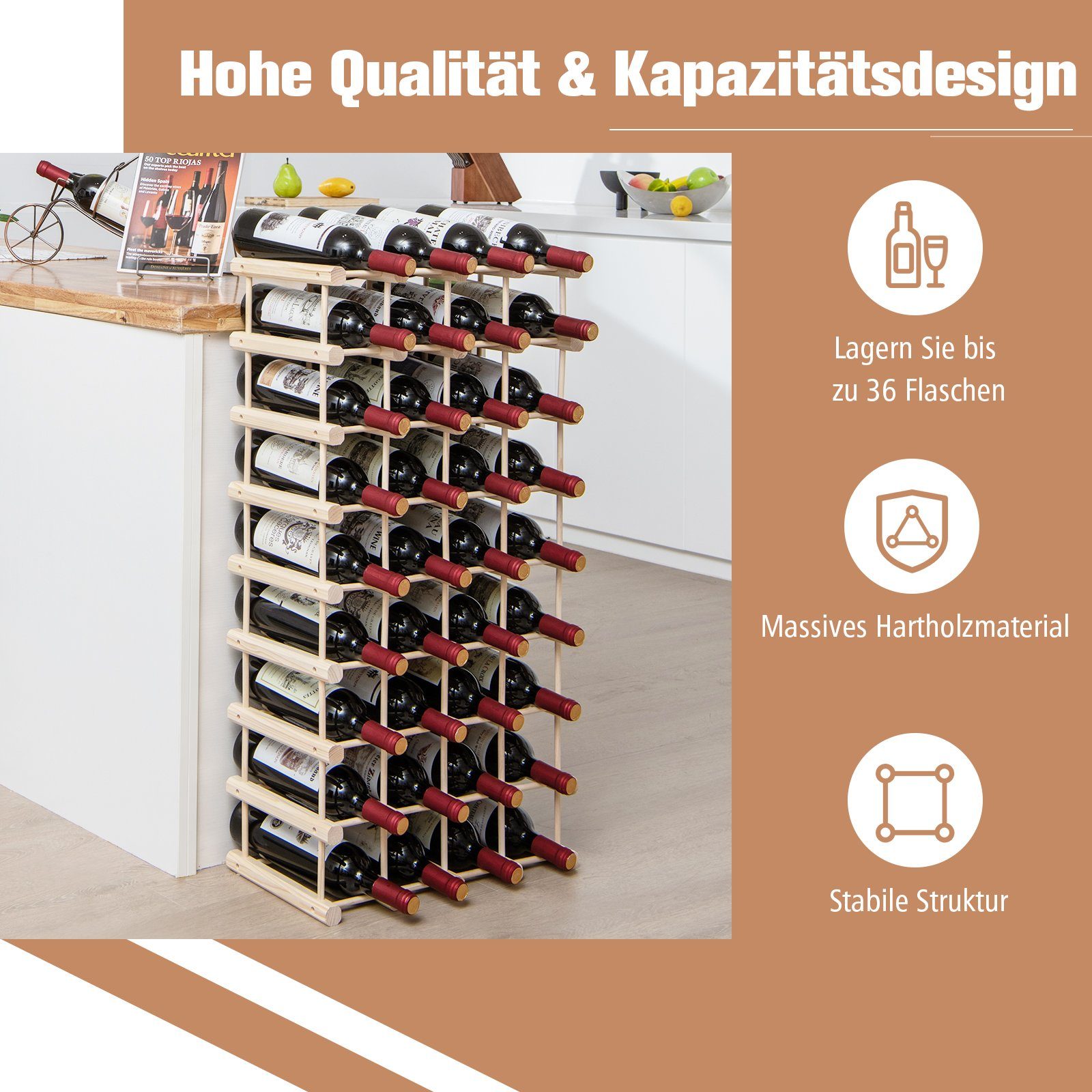 COSTWAY Weinregal, stehend, Kiefernholz, für 36 Flaschen, 44,5x24x86cm günstig online kaufen