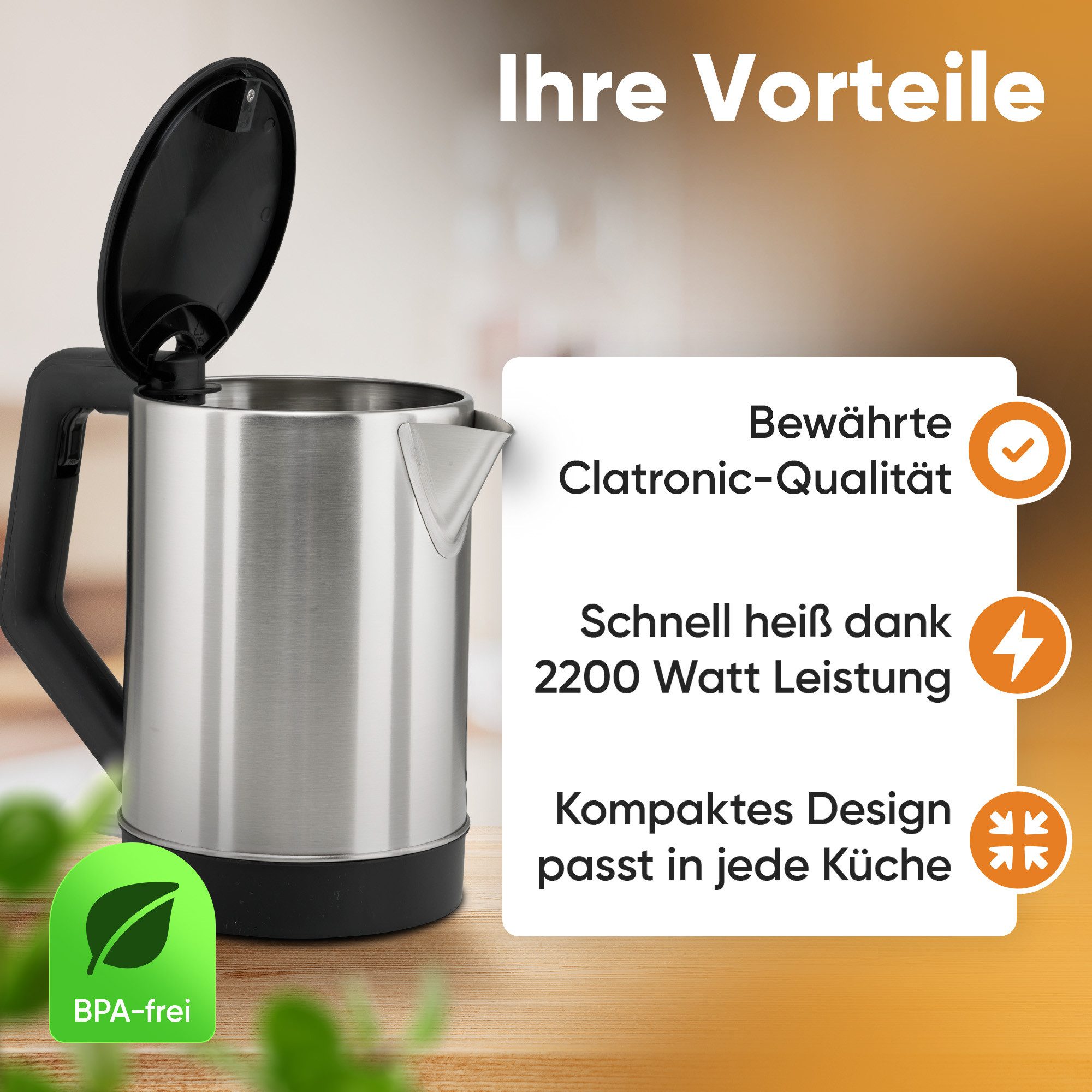 CLATRONIC Wasserkocher WKS 3692, Wasserkocher Edelstahl, 1,5 Liter