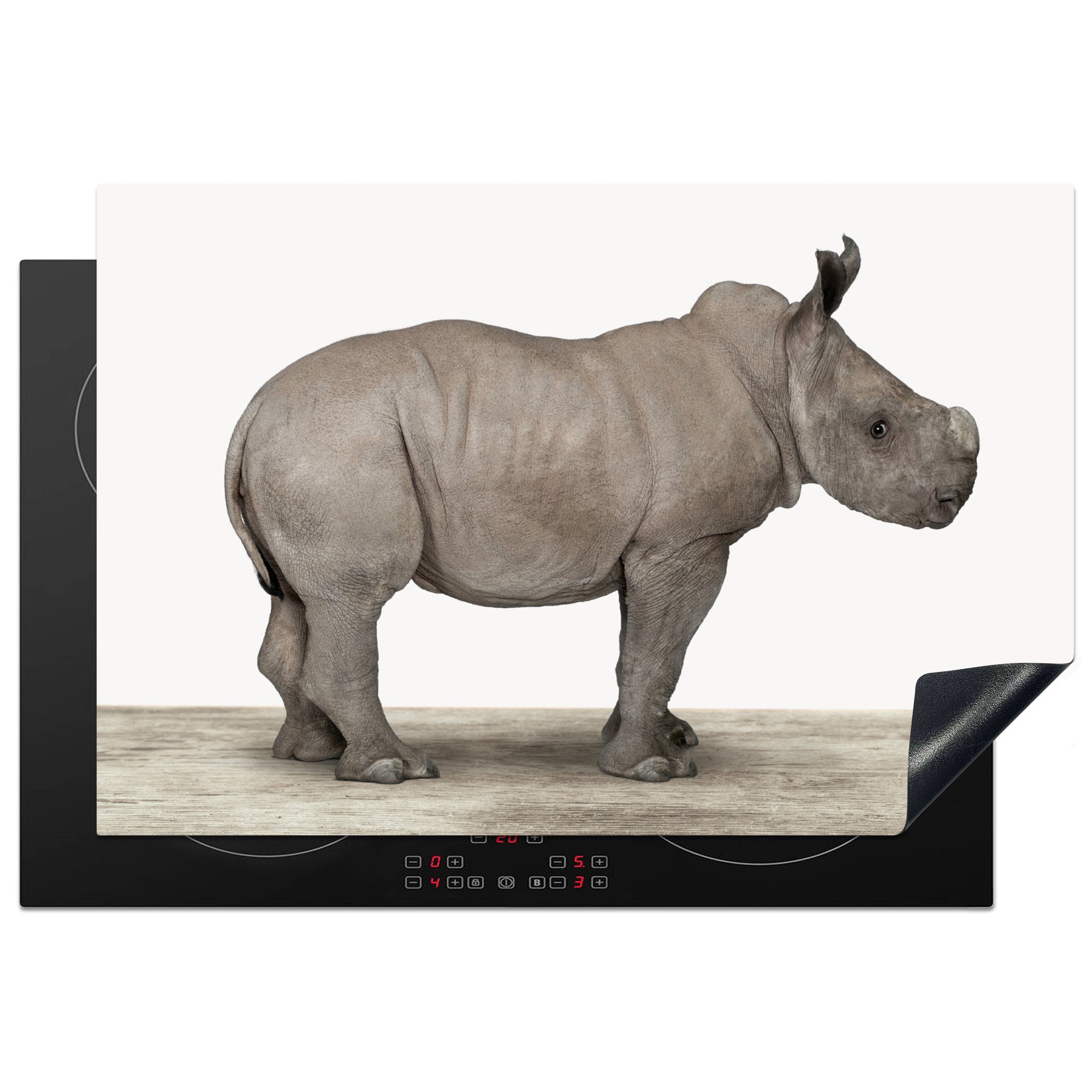 MuchoWow Herdblende-/Abdeckplatte Rhinozeros - Tiere - Jungen - Mädchen, Vinyl, (1 tlg), 77x51 cm, Ceranfeldabdeckung, Arbeitsplatte für küche